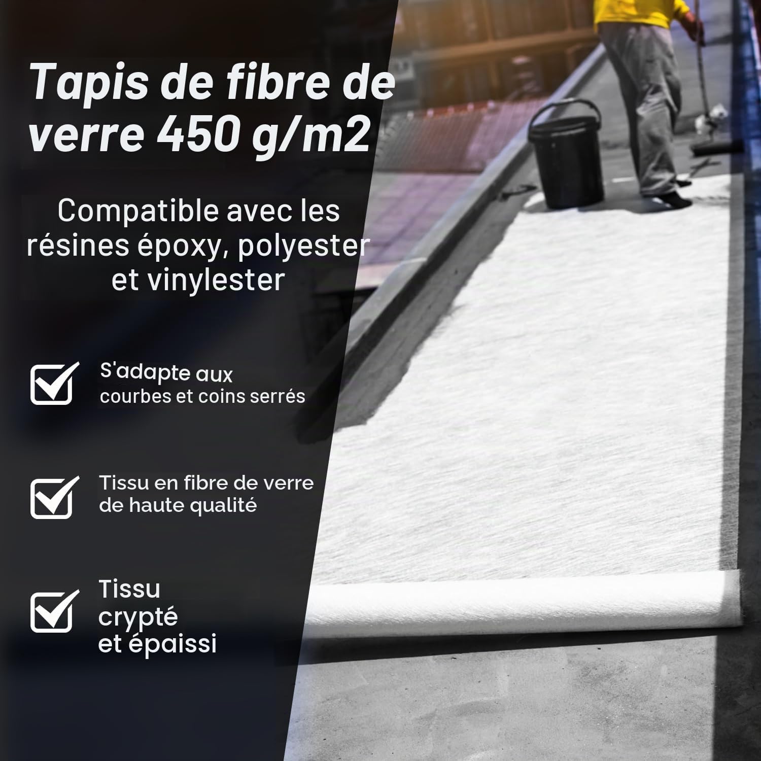 Fibre de verre 450 g/m², tapis en fibre de verre transparent, 1 x 10 m, pour résine époxy et polyester, réparation, bateau
