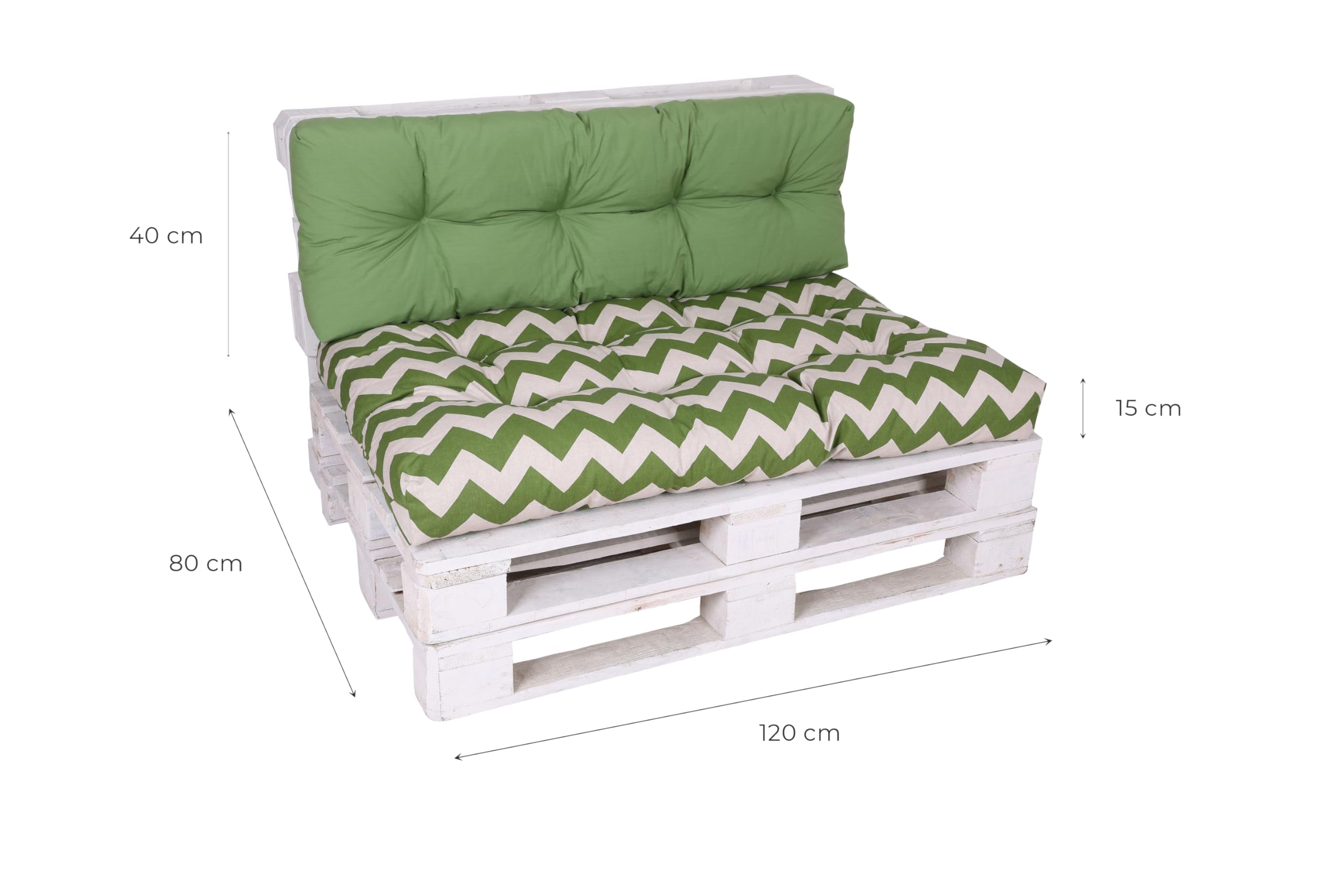 Bequeme und attraktive Polsterauflagen für Paletten-Loungen (2-teilig, für eine komplette Palettenlounge, Zickzack grün, Palettenkissen mit Schaumflockenfüllung)
