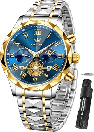 OLEVS Mens Quartz Analog Wrist Watch with Date Display Stainless Steel Waterproof Luminous Two Tone for Men