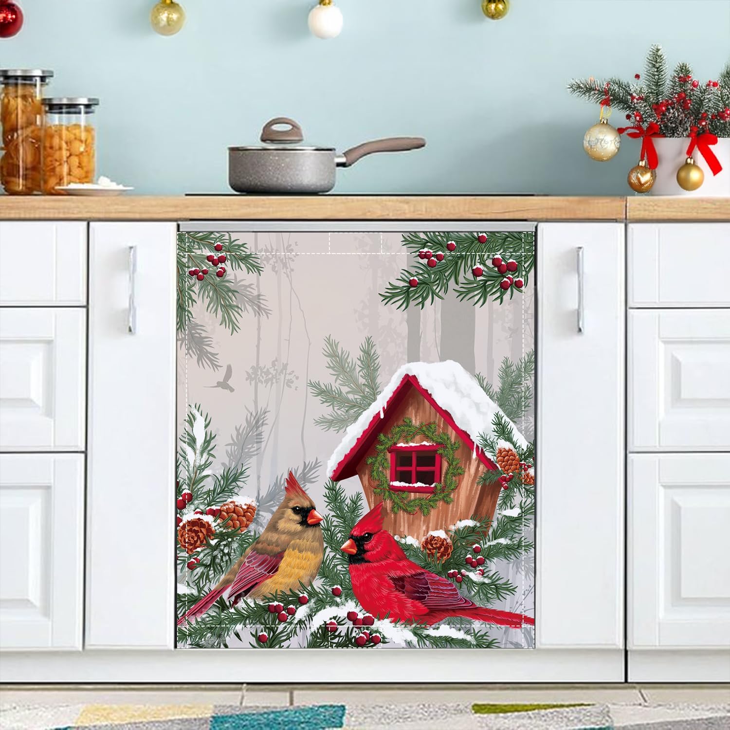 Cardinal Dishwasher Magnet Cover 23x26in Winter Dishwasher Cover for Washers Fridge Panel, Red Bird Magnetic Covers for Kitchen, Reusable Cover, Machine Door Covers Decor, Christmas Kitchen Decor image 4