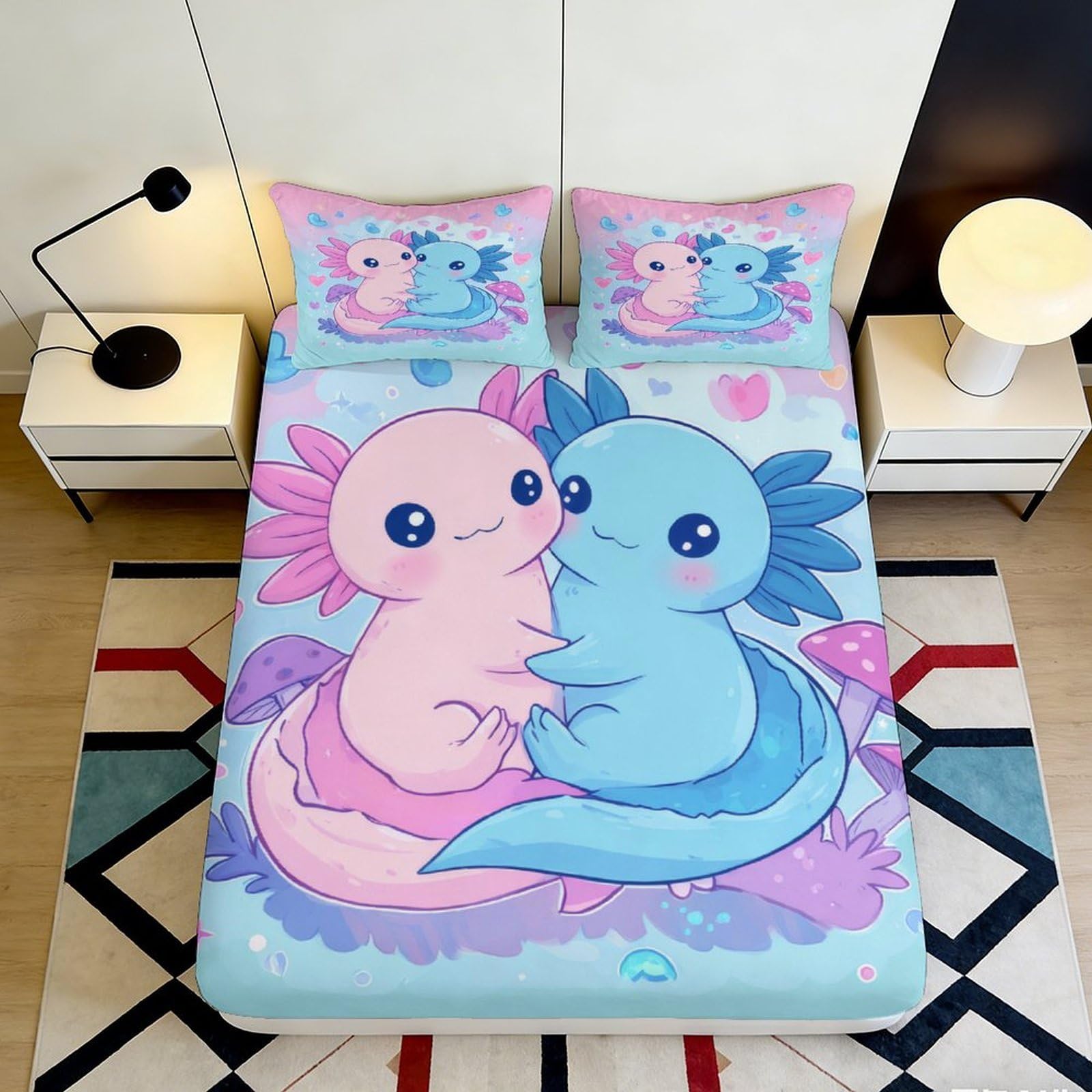Pnayamiorkfel Style-10 3D Printed Cute Axolotl Fitted Sheet Microfiber Soft Pink Blue Cartoon Animal Bed Cover For Bedroom Dorm Decor 90X200x25cm