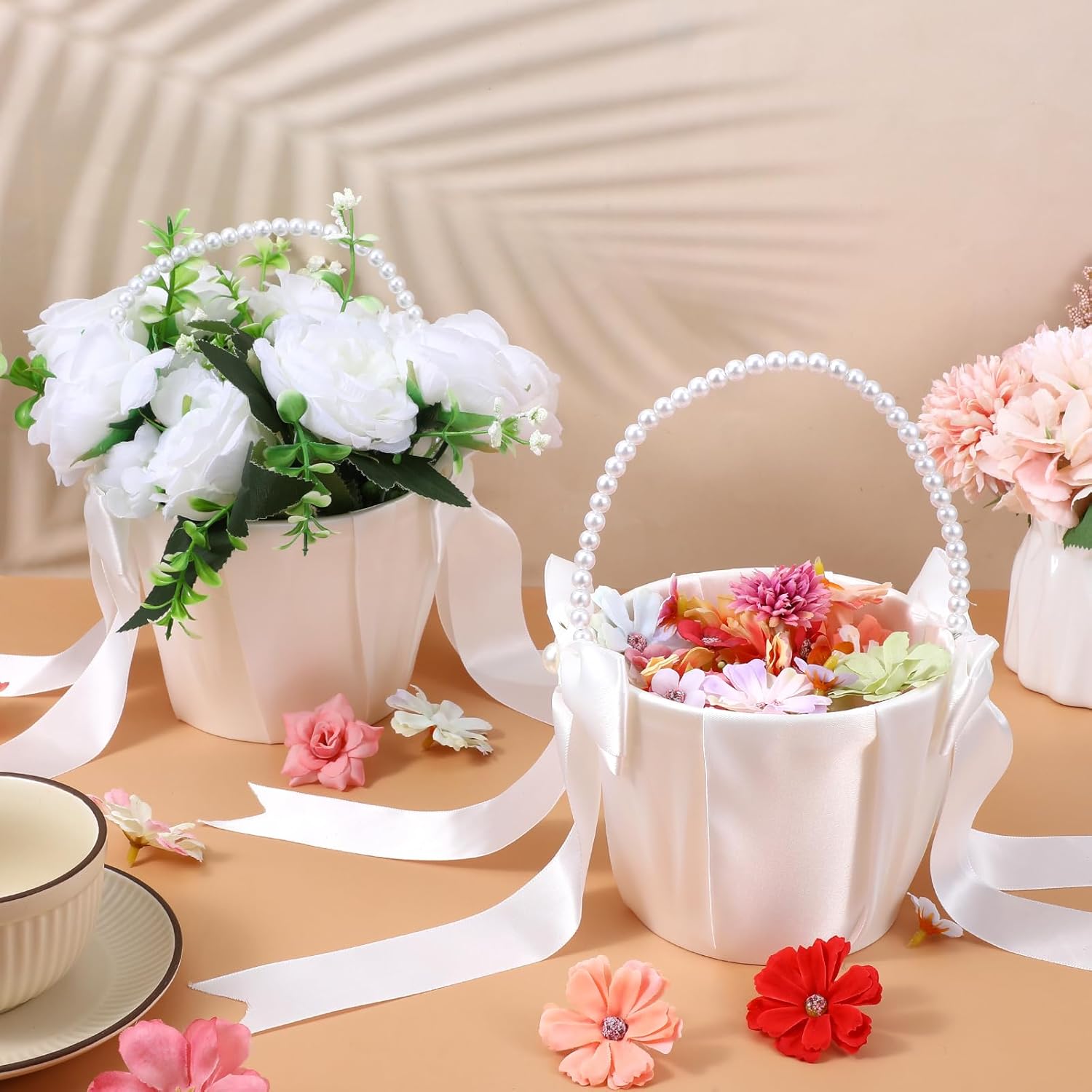 Set of 4 Ivory Wedding Flower Girl Basket with Pearl Handle, Satin Fabric Baskets for Romantic Ceremony Decoration