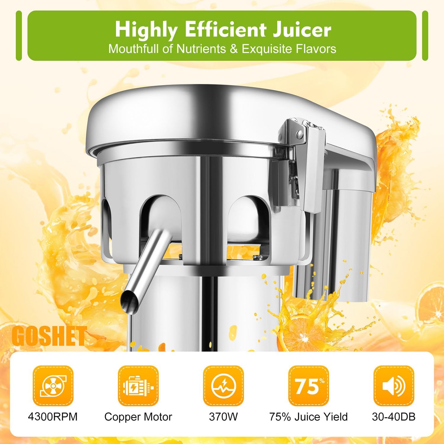 Commercial Electric Juice Extractor Centrifugal Juicer Machine 370W Industrial Juicer Machines Stainless Steel Juicer Heavy Duty AC110V Constructed Juice Extractor Juicing Both Fruit Vegetable