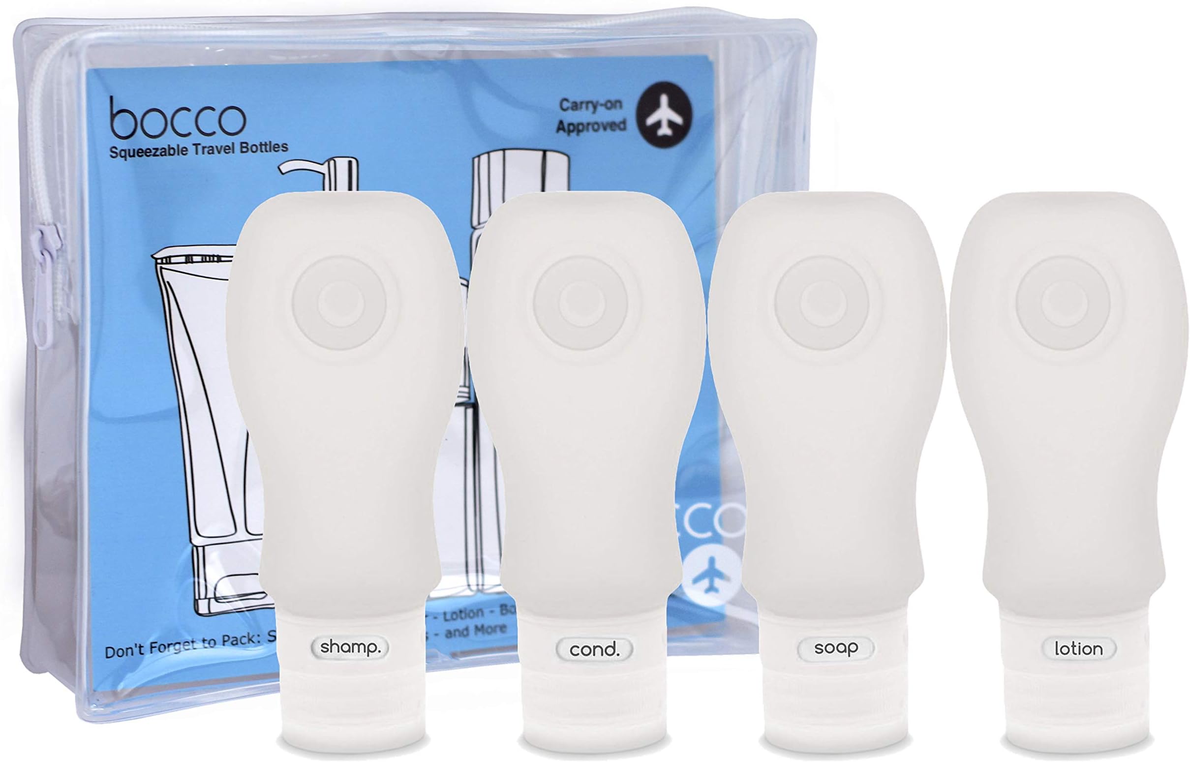 Bocco Leak Proof Squeezable Travel Bottles, Flight Cabin Approved Travel Accessories for Hand Luggage - Perfect for Liquid Toiletries - 4 Pack (All Large 3 oz / 89ml Bottles) (Clear)