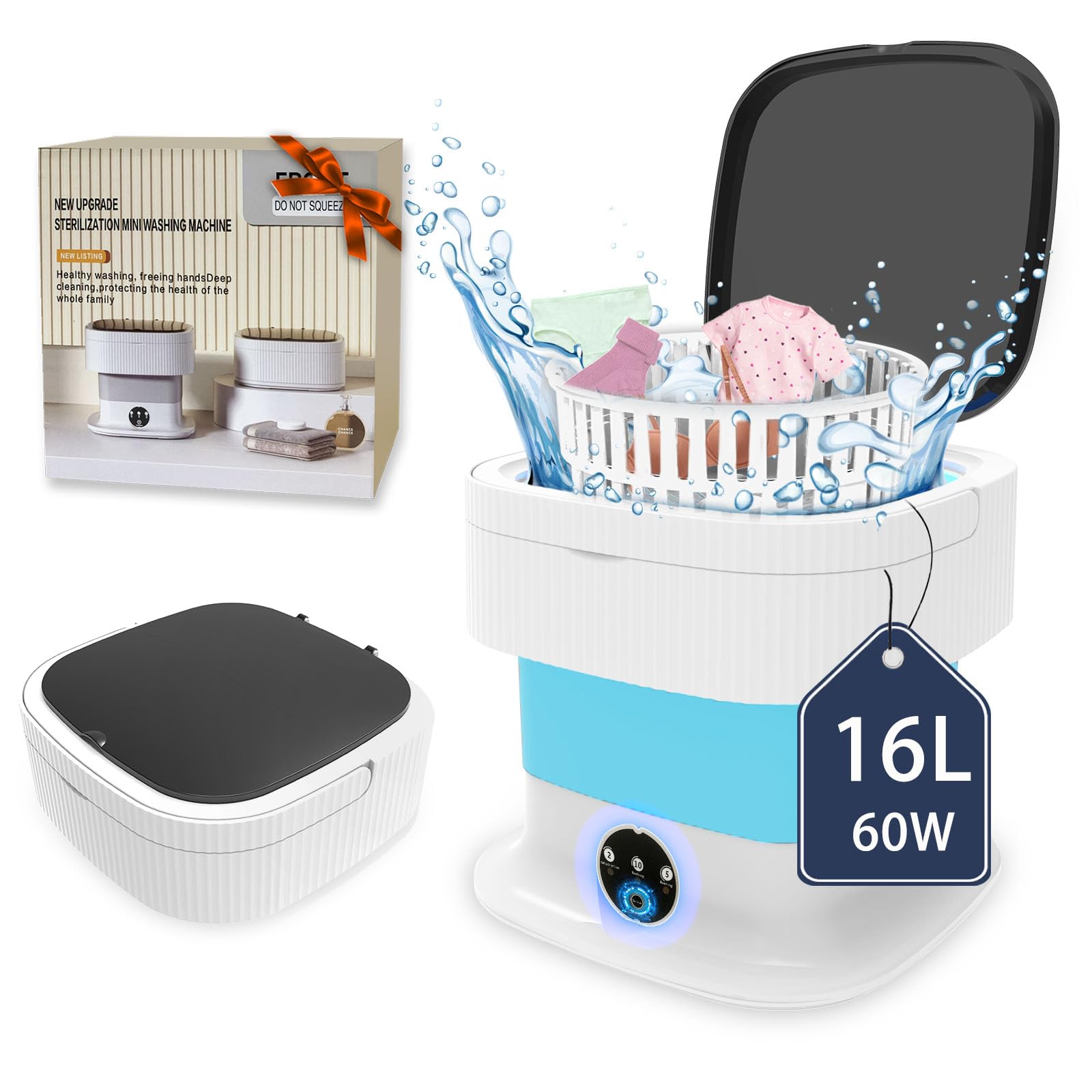Portable Washing Machine, 16L Large Capacity Mini Washing Machine, Small Foldable Collapsible Washer and Dryer with Spin for Travel, Socks, Baby Clothes, Underwear (Blue)