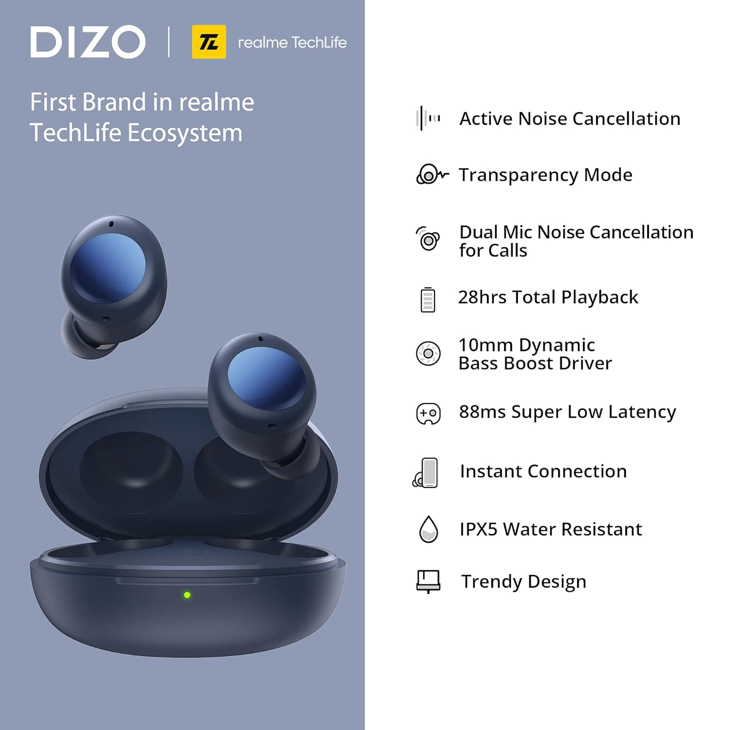 DIZO GoPods Neo earbuds and case with feature list, implying instant connection.