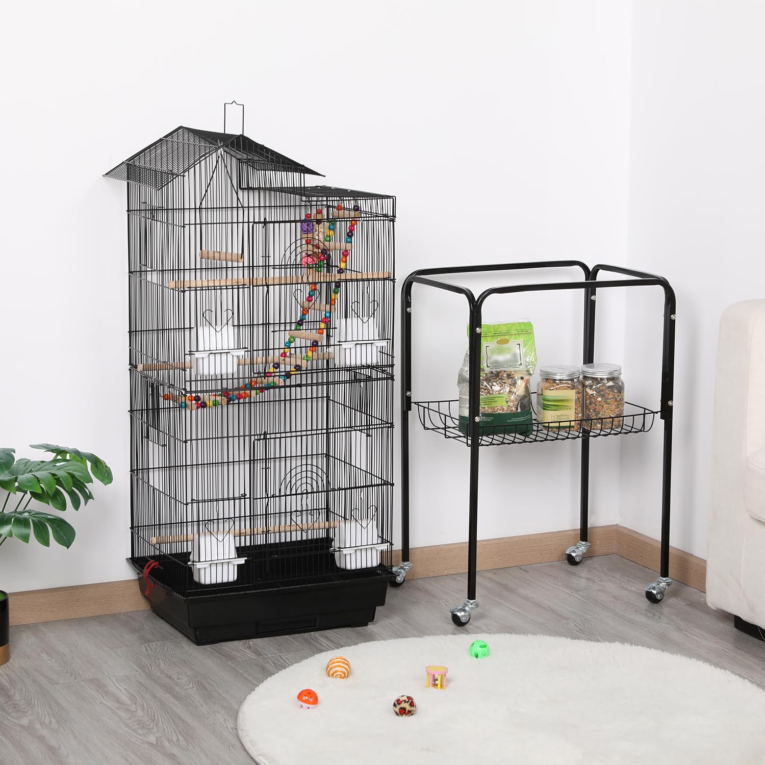 Yaheetech Gabbia Uccelli Metallo Legno Ruote 46 × 35,5 × 158,5 cm Nero | Dotata di Piedistallo, Posatoi in Legno e Giocattoli, Adatta Interno‑Esterno per Pappagalli, Inseparabili e Calopsite