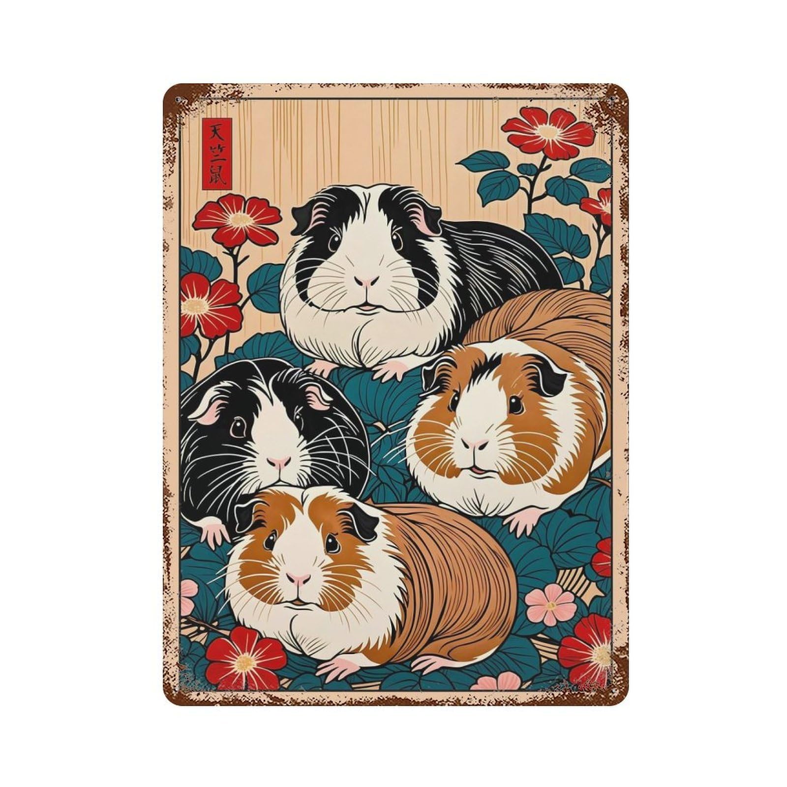 Guinea Pigs in Japanese Style Rustic Tin Plaque 15.7"x11.8", for Shed, Workshop And Garage Wall Decor, Rustic Home Decor