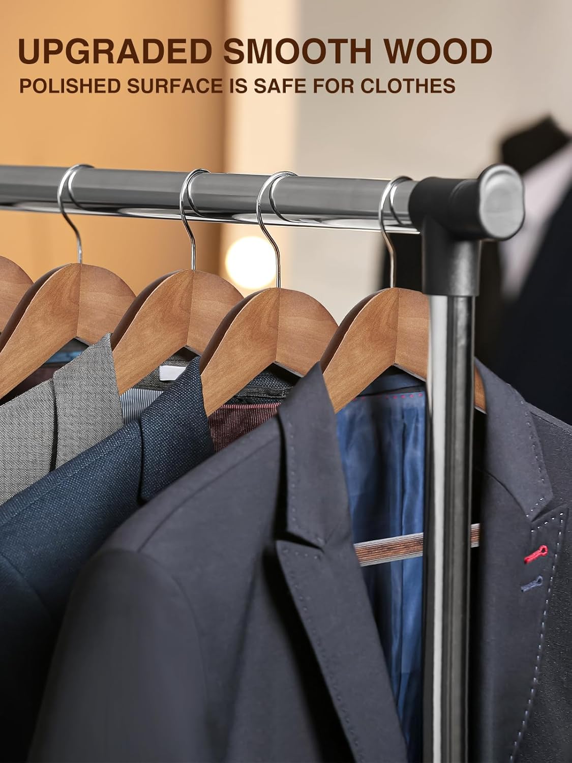 SMARTOR Wooden Suit Hangers for Men 8 Pack, Wide Shoulder Wood Suit Hangers with Non Slip Pant Bar, Wide Hanger for Suits, Coats, Jackets, Walnut - Image 2