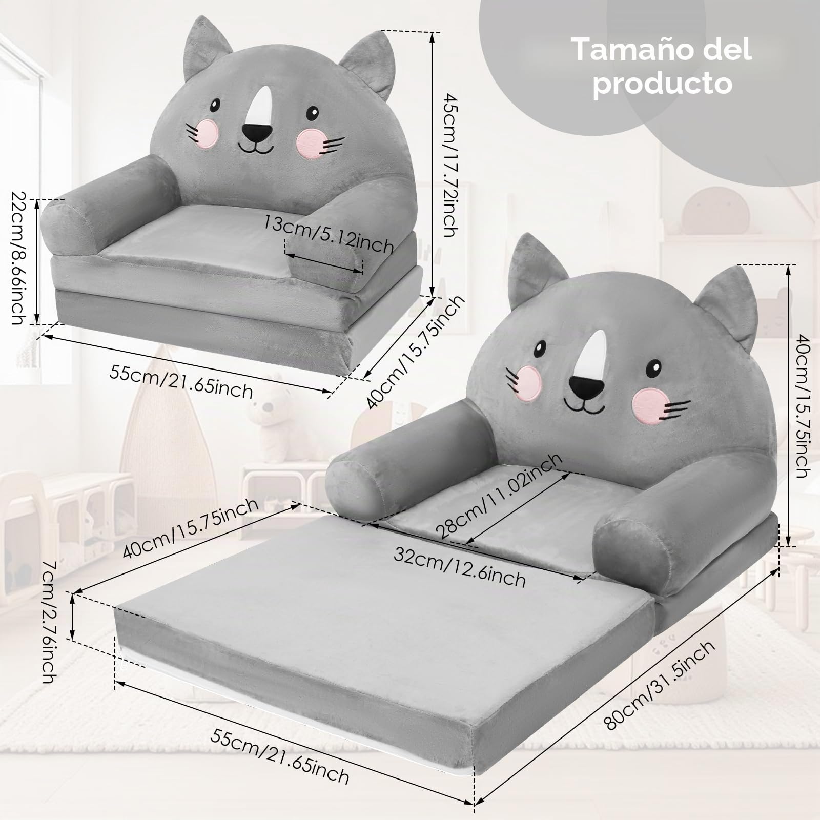 Sofá infantil plegable 2 en 1 para niños, sillón infantil con función de dormir, suave y resistente, silla convertible en sofá de juegos, sillón infantil a partir de 1 años (gato gris)