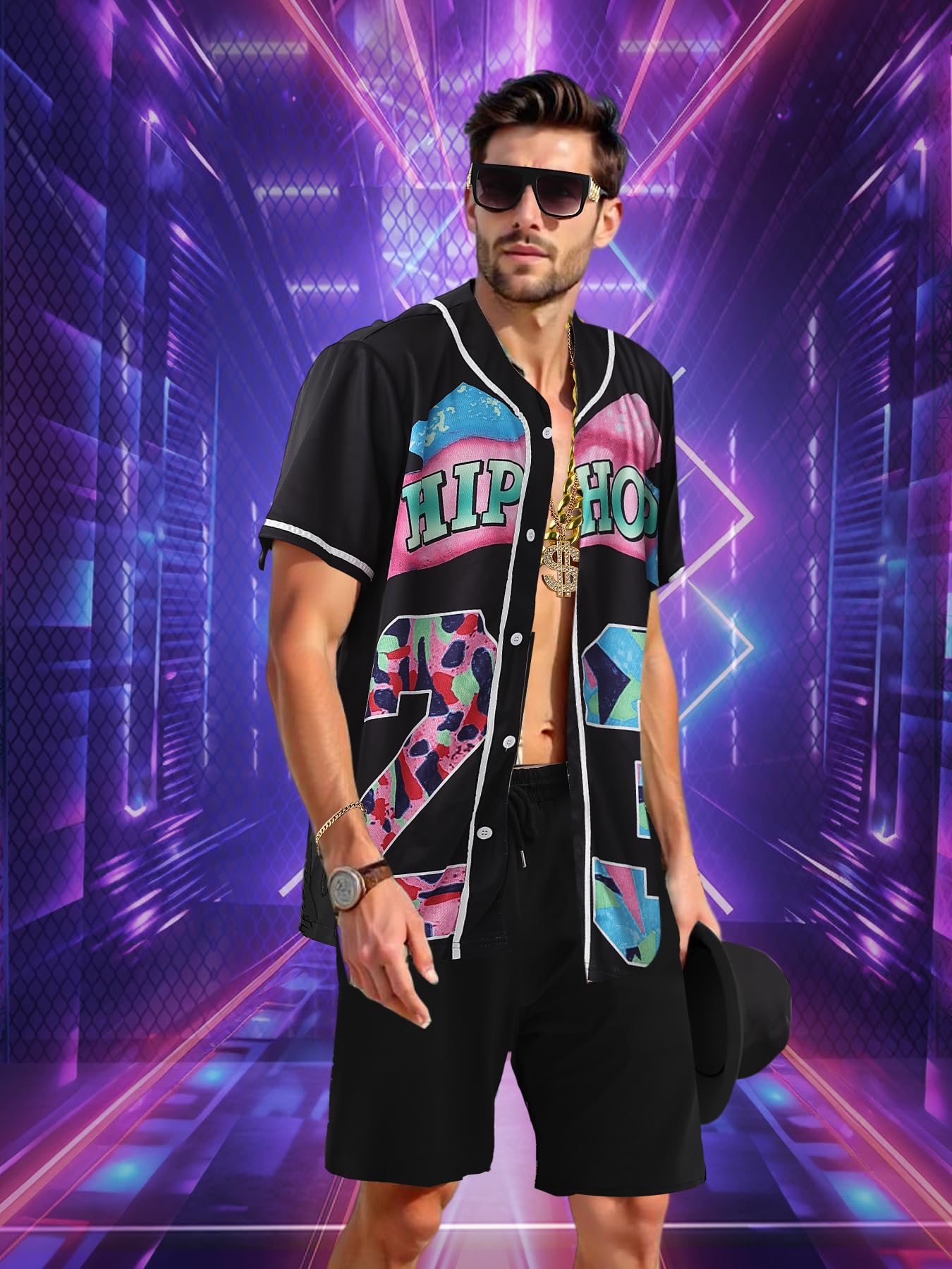 Costume da uomo anni '80 e '90, stile hip hop, maglia da baseball, camicia, pantaloncini, accessori rapper anni '90