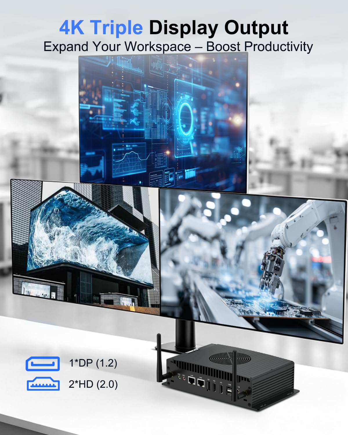 Przemysłowy Mini PC i5-1235U 64GB RAM 512GB SSD Wentylator | Triple 4K 60Hz, Dual LAN, 2x RS232/422/485, GPIO, WiFi 6, BT, 5.2, 12V-19V DC (12V 6A standard), -10°C do 60°C, Auto Power On