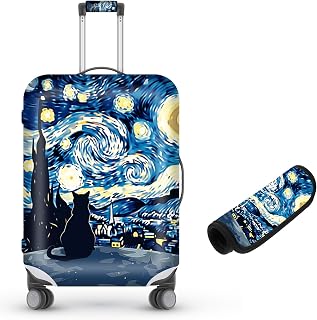 Suitcase Cover for Luggage 29-32 Inch, Washable Elastic Anti-Scratch Luggage Protector, Durable Zipper Baggage Cover with Handle Wrap, Travel Accessories for Suitcase, Starry Night Cat