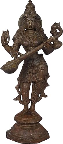 Exotic India Saraswati de pie - Escultura de latón - Color bronce Hue Color