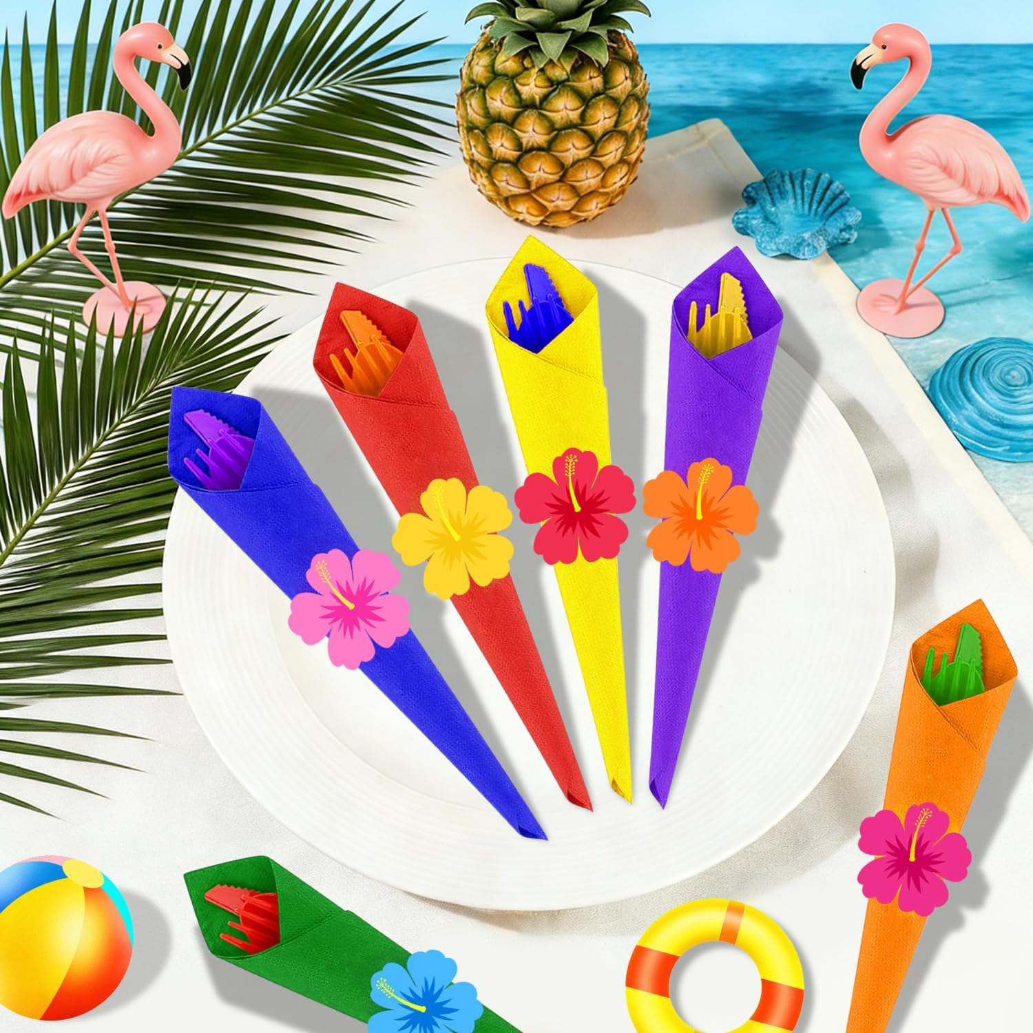 24 Pack Pre Rolled Hawaiian Luau Cutlery Silverware Set Rainbow Plastic Disposable Utensil Bundle Knives Forks Spoons Napkins Heavy Duty Wrapped Tableware for Tropical Summer Party Event Decor