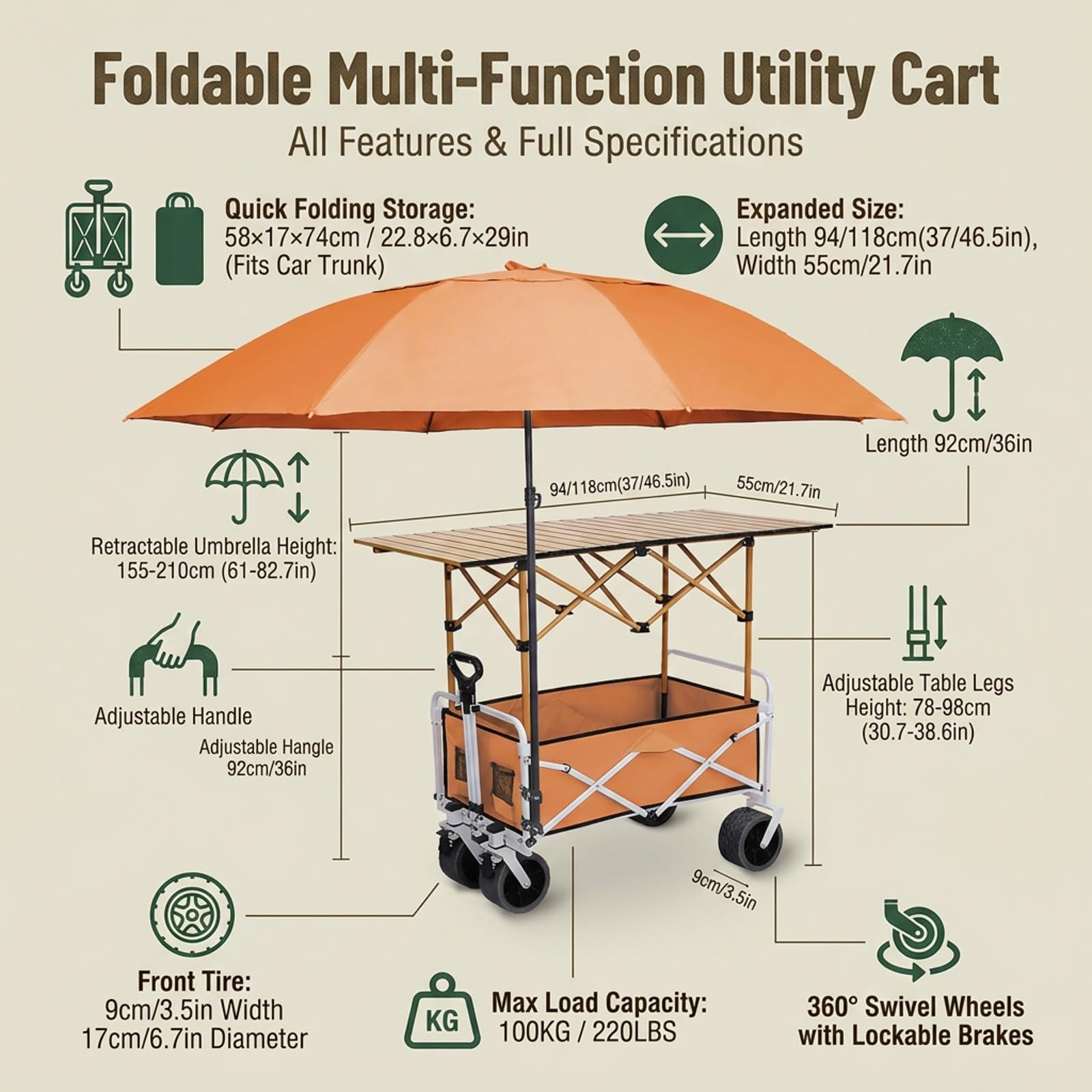 Carrito de Venta Ambulante Plegable,Puesto móvil Profesional | Diseño plegable,ruedas giratorias 360° con freno,ideal para ferias y mercados(Blauw,118cm/46.5in)