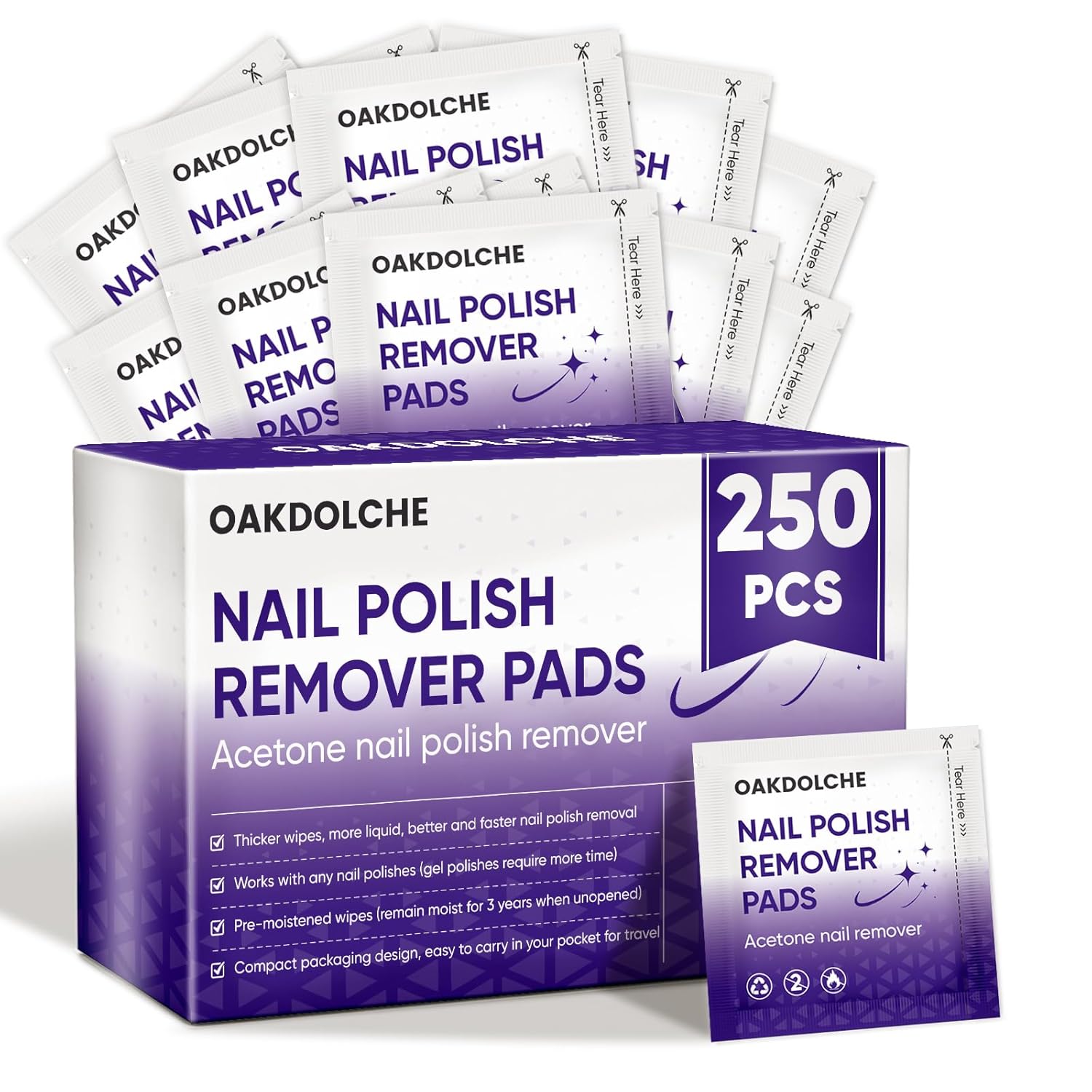 OAKDOLCHE 250 Pack Acetone Nail Polish Remover Pads: Thick 0.5mm Individually Wrapped Wipes for Quick Gel & Regular Polish Removal, Travel-Friendly