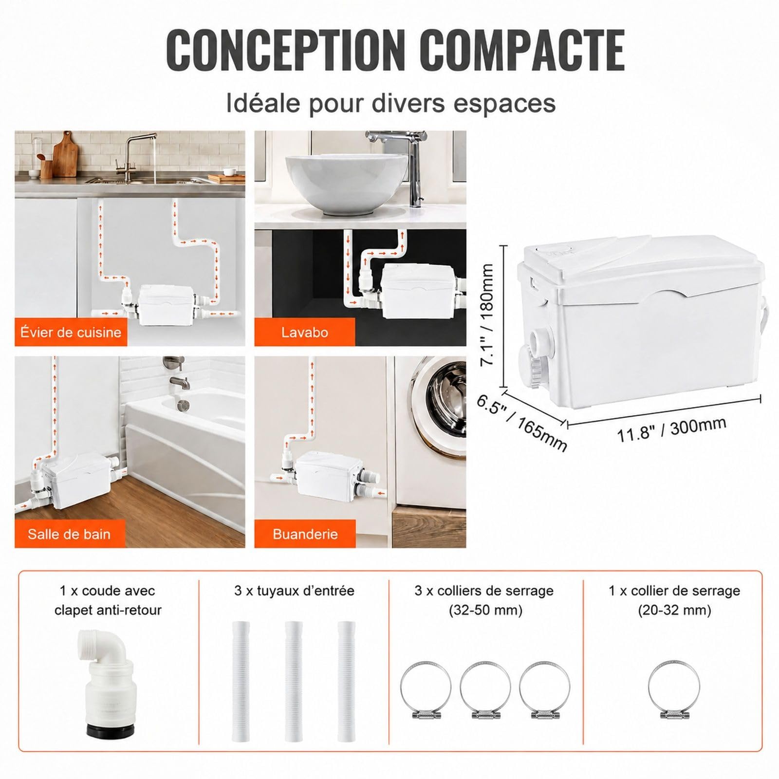 Station de relevage eaux grises 350 W, débit 6000 L/h, hauteur 7 m, 3 entrées pour cave cuisine évier douche baignoire buanderie