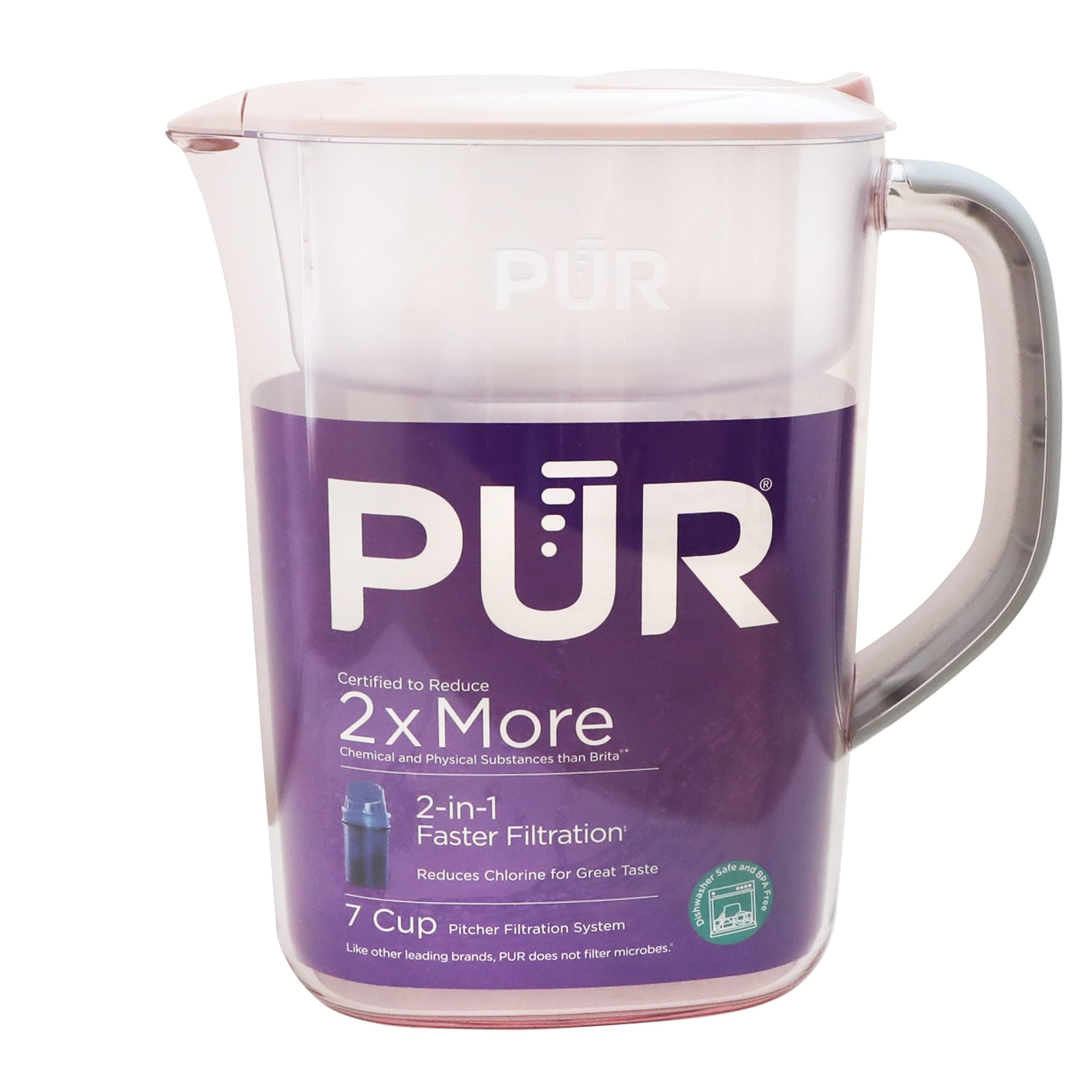 PUR 7-Cup Water Filter Pitcher with 1 Genuine PUR Filter, 2-in-1 Powerful, Faster Filtration, Lasts 2 Months or 40 Gallons, Dishwasher Safe, Blush (PPT700PA)