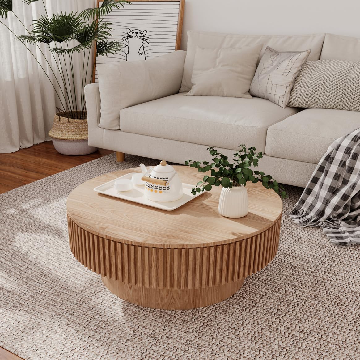 Tavolino rotondo, 75 cm di profondità x 75 cm di larghezza x 35 cm di altezza | Tavolino da salotto moderno, tavolino da salotto e vano portaoggetti, tavolino da divano impiallacciato in legno massello