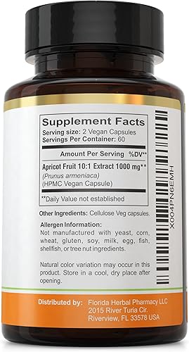 Miniatura 3 de Florida Herbal Pharmacy Cápsulas de suplemento de albaricoque 101 (120 cápsulas) 500 mg por cápsula, 1000 mg porción