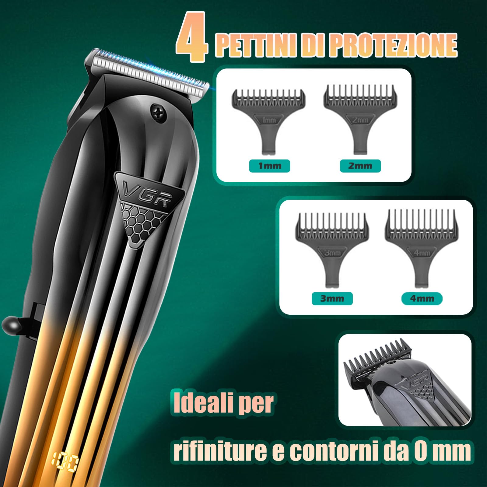 VGR 644 Tagliacapelli Professionale per Uomini, Tondeuse per Barba Senza Fili & Rasoi Elettrici, Kit di Taglio per Barbiere Ricaricabile da 3 Pezzi con Display LED