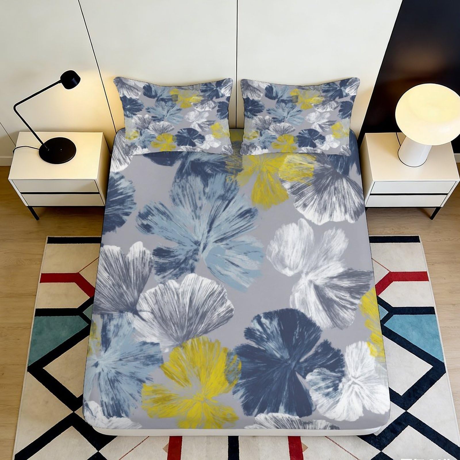 3D Printed Ginkgo Leaf Fitted Sheet Microfiber Soft Blue Yellow Botanical Mattress Cover for Bedroom Decor 90x200x25cm