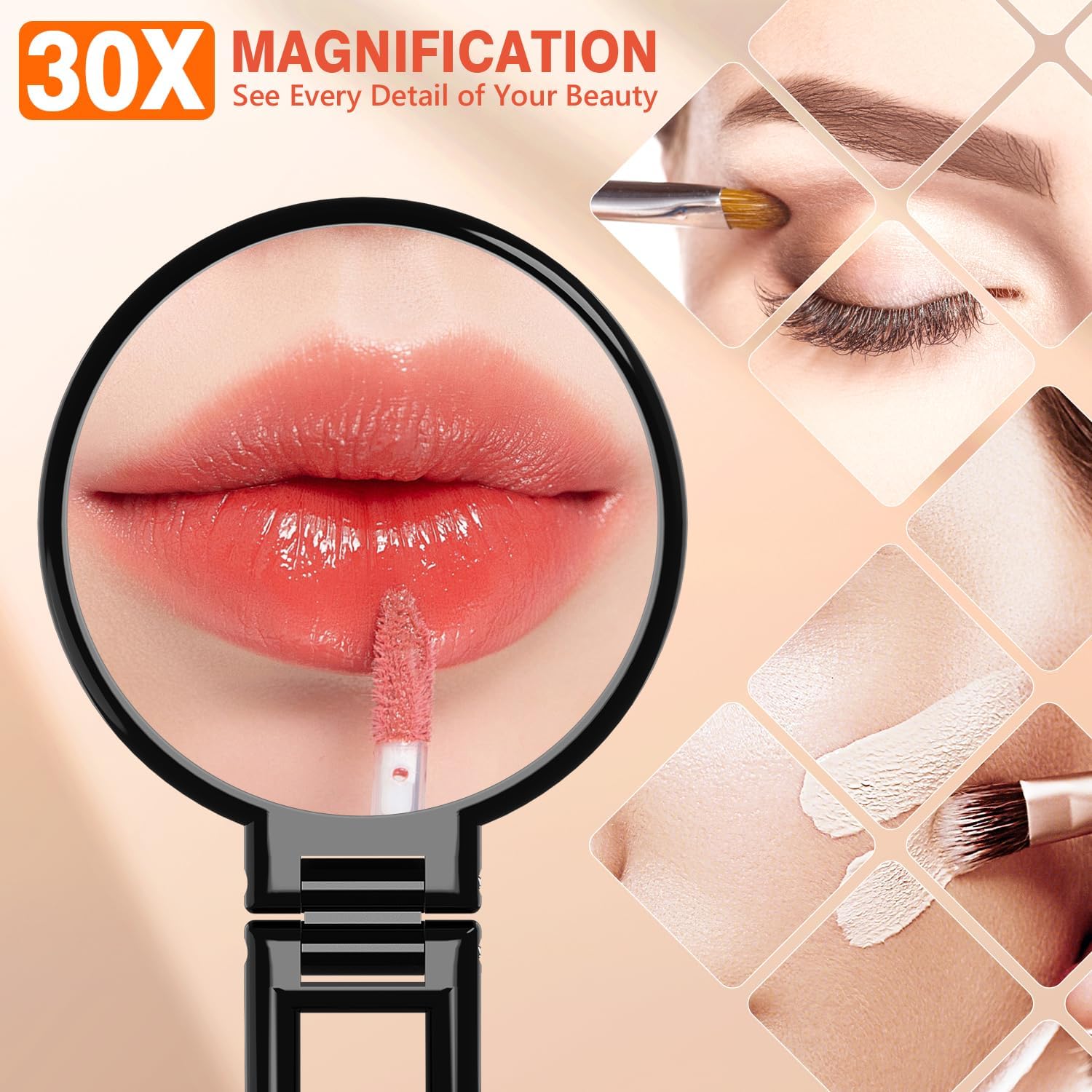 Auxmir Specchio Ingranditore Bifacciale 30X/1X, Specchio a Mano 14CM, Alta Definizione, Portatile, Pieghevole, Appendibile, Specchio Trucco da Viaggio per Trucco, Cura del Viso, Nero