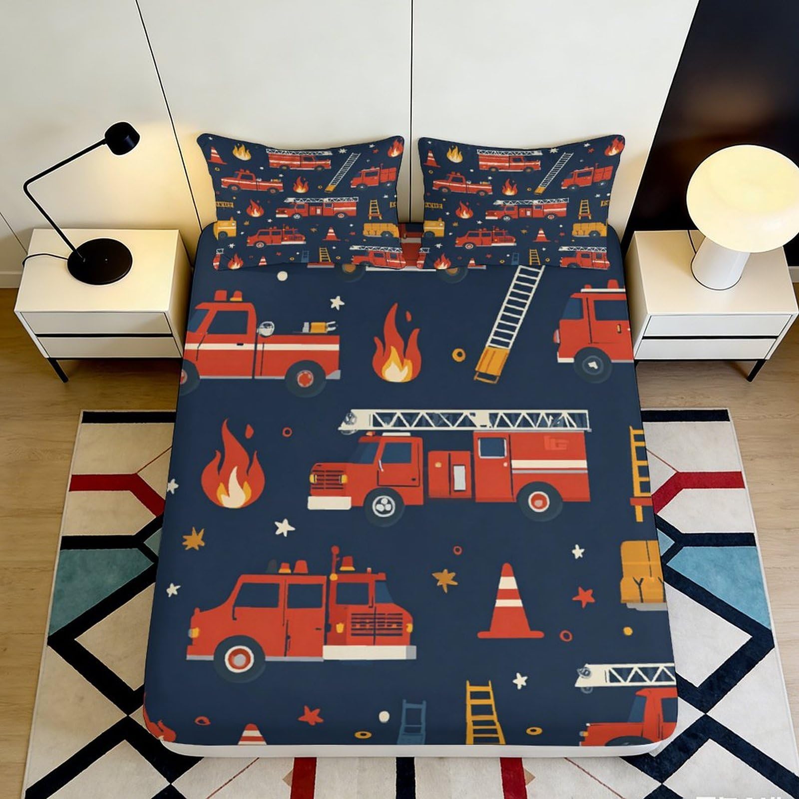 Pnayamiorkfel Style-7 3D Printed Fire Truck Fitted Sheet Microfiber Anti-Slip Flames Bed Cover For Bedroom Dorm Room Decor Protection 90X200x25cm