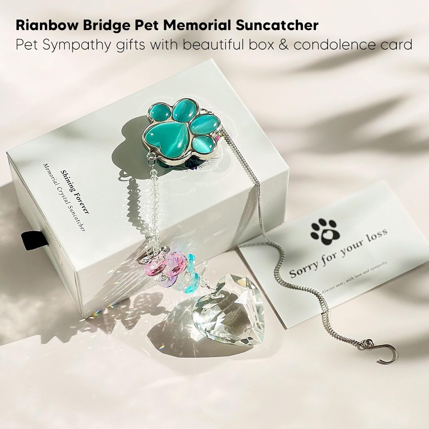 Pet Memorial Suncatcher - Dog Memorial Gifts, Pet Loss Sympathy, Thoughtful Dogs and Cats Bereavement Remembrance Gifts, Natural Cat's Eye Paw Crystal Suncatcher(Peacock Blue) - Image 2