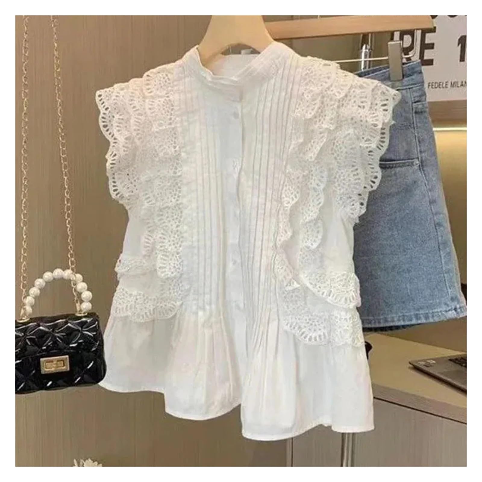 Camisola Entallada Mujer Blusa de Verano con Encaje Dulce for Mujer, Cuello Redondo, Chaleco con Volantes, Elegante Blusa sin Mangas, Informal, Blanca, for Mujer