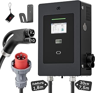 dé 30kW DC Schnellladegerät CCS2 [1,8m 63A CEE, 400V Drehstrom] Wallbox EV Ladestation IP55 IK08, 7“ Touchscreen RFID, OCPP1.6J Netzwerk, Typ A FI-Schalter, CE für Elektroautos