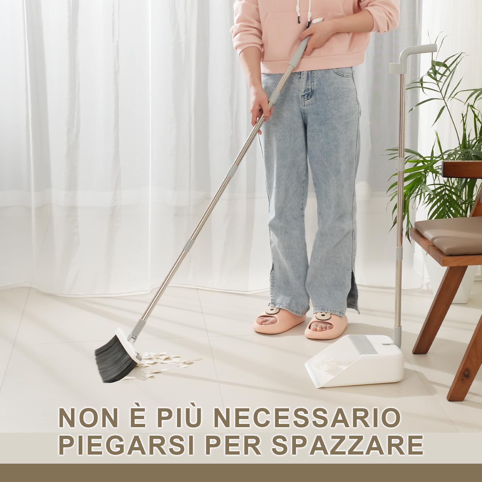 Mitclear Set Paletta e Scopa con Manico Lungo, Spazzola Rotante a 180°, Paletta Domestica con Bordo in Lega di Alluminio, Adatta per la Pulizia dei Pavimenti, Giardino, Casa, Cucina, Ufficio