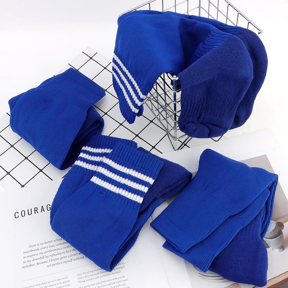 AOPRIE Baseball Socks Bulk Sport Athletic Striped Socks Youth Knee High Long Tube Softball Football Soccer Team Sock Unisex Kids Boys Girls Blue, 4 Pack - Image 4