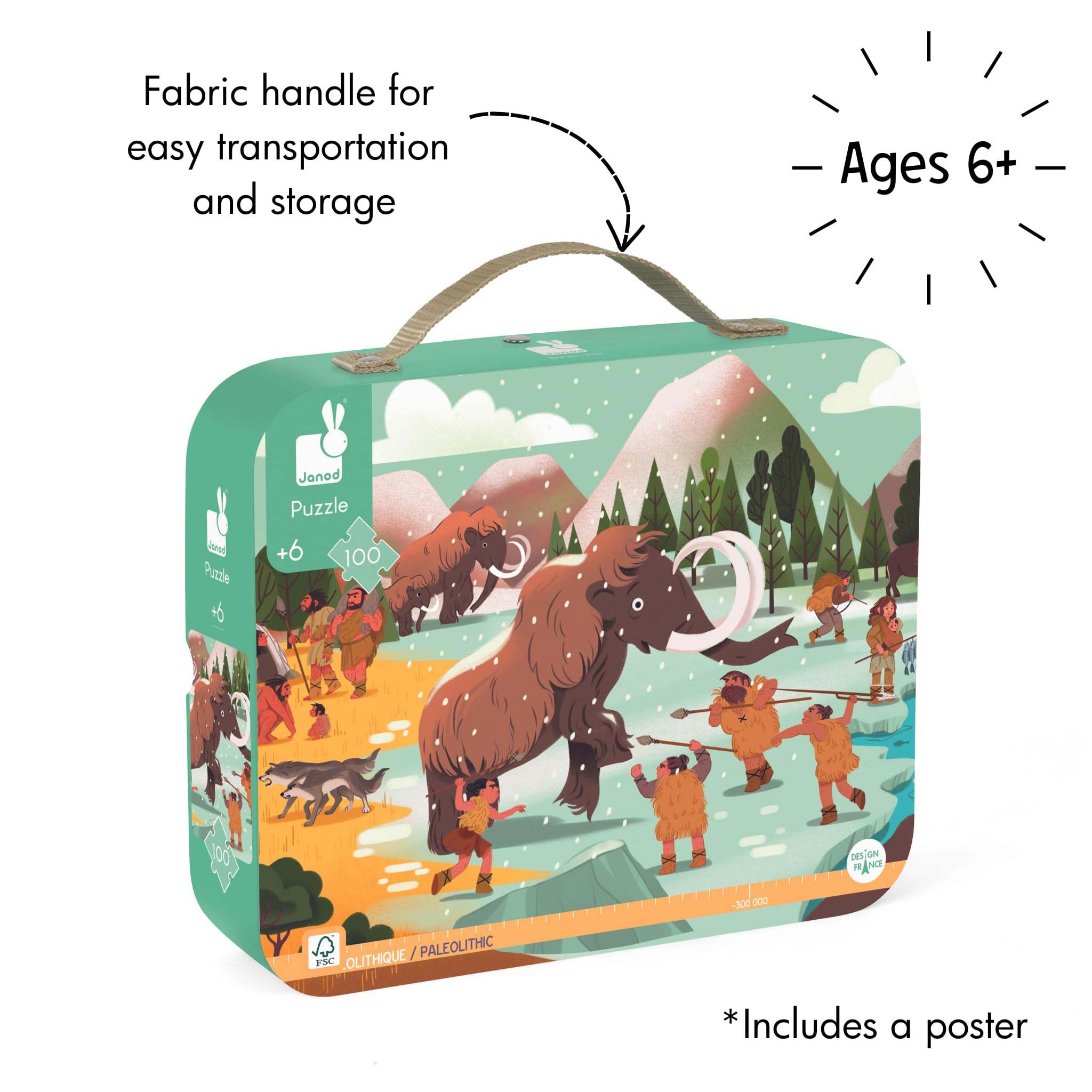 Janod J02558 Kinder-Puzzle mit 100 Teilen, Panorama der Vorgeschichte, Geschenktasche mit Stoffgriff, Alter 6-10 Jahre