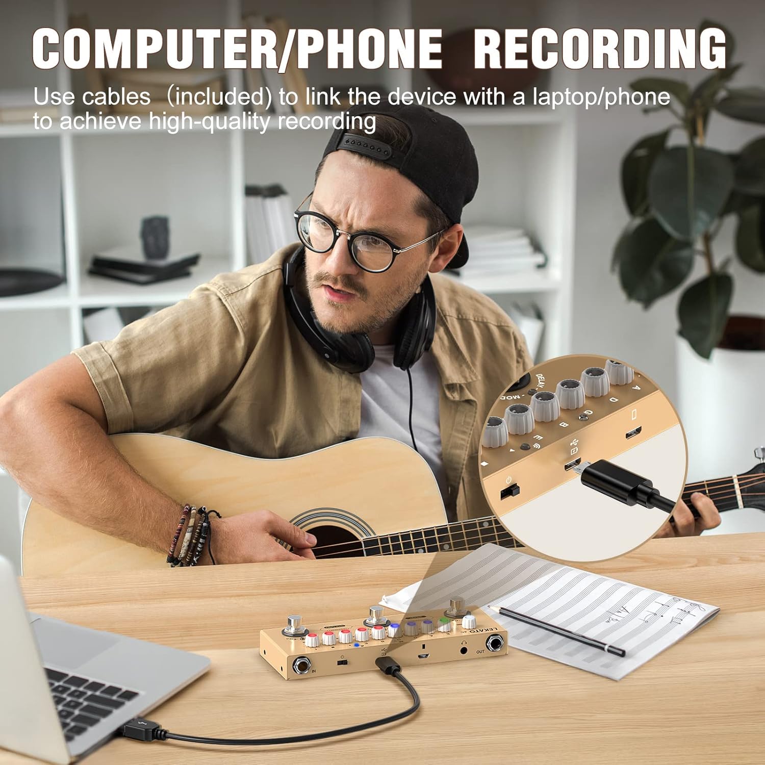 Musician using LEKATO Multi Effects Pedal connected to a laptop for recording, with a close-up of the USB connection.