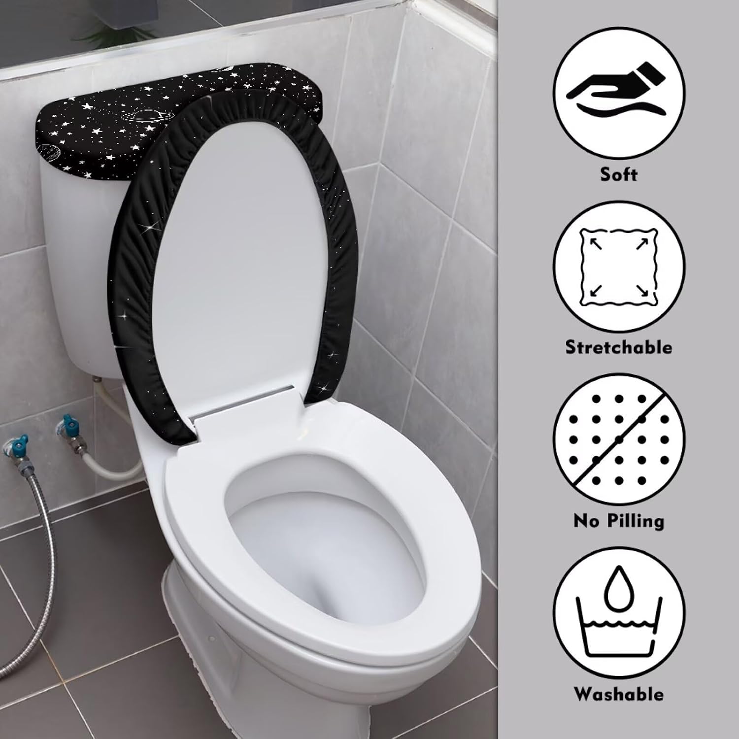 Astronaut Toilet Seat Cover Space Theme Toilet Lid and Tank Cover Set 2-Piece Black Stain Resistant Toilet Seat Protector Easy to Clean Universal Fit Moon Star