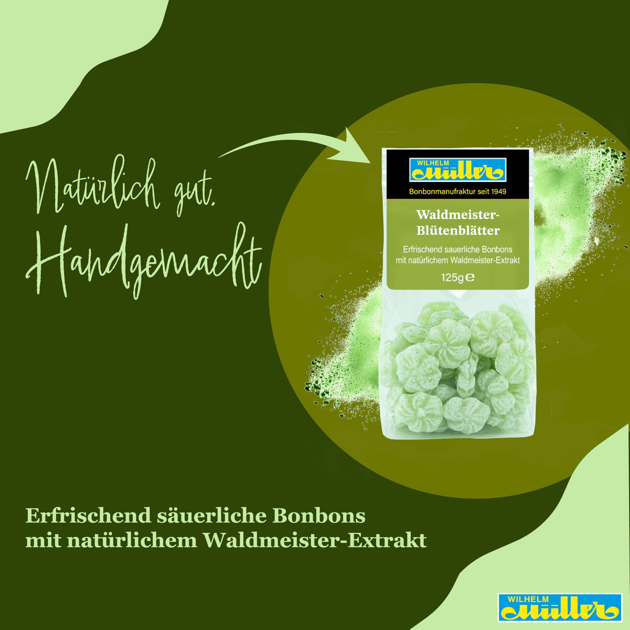 WILHELM Müller Waldmeister Bonbons in Blütenform - Retro Fruchtbonbons - Bonbons mit Waldmeister Geschmack - Im praktischen Beutel aus Deutschland - 2500g