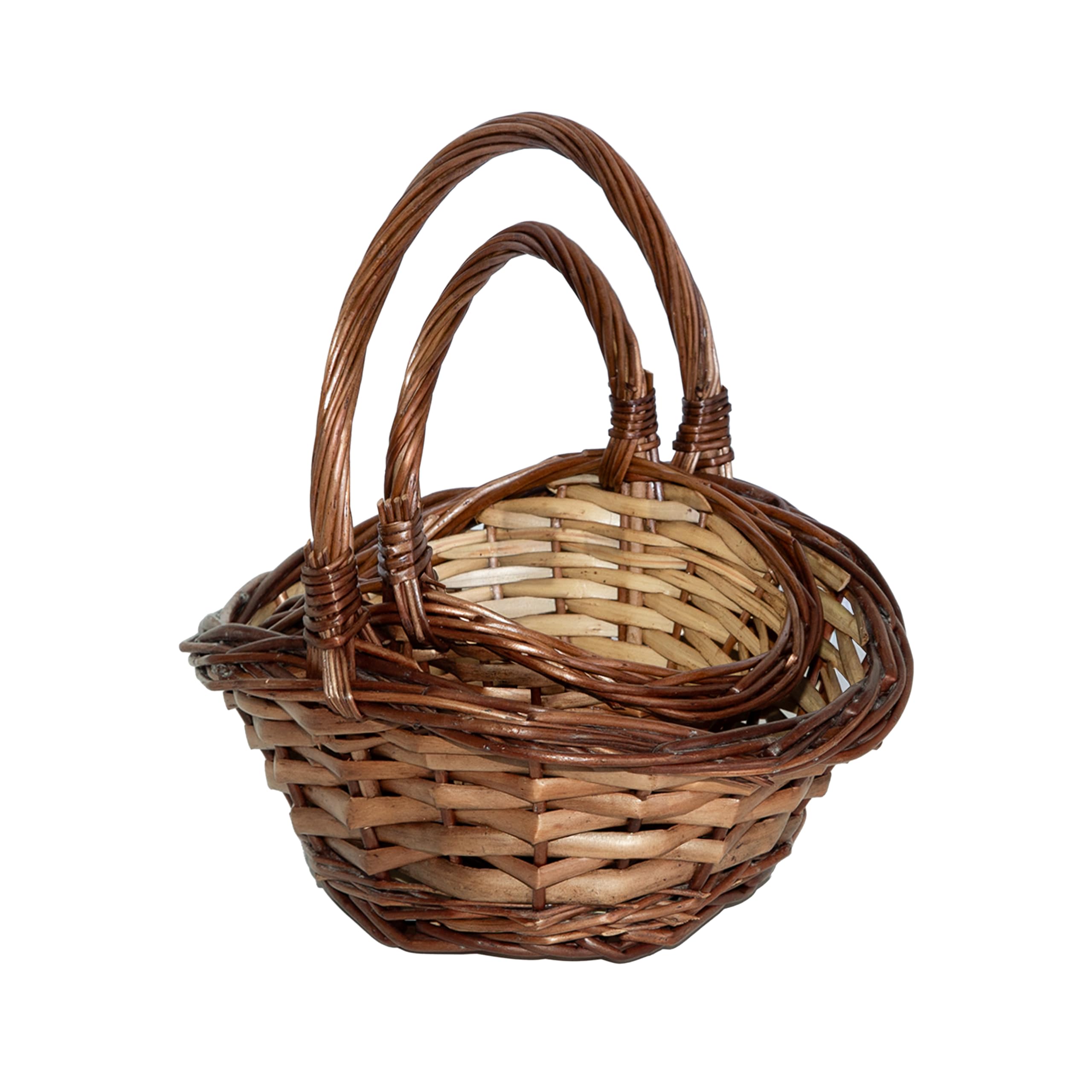 Wickerfield Set of 2 Mini Wicker Shopping Basket, Extra Small Natural Wicker Storage Baskets for Easter Flower Girls Wedding & Gift Hamper Basket (Round)