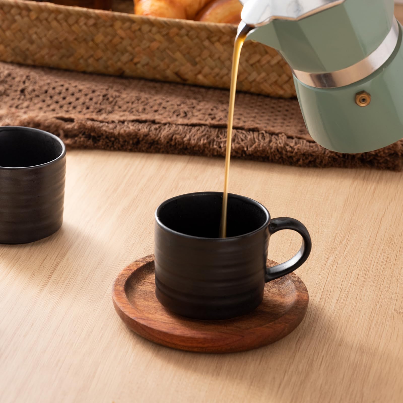 Cappuccino Tassen Set 6 x 140ml Kaffeeservice Steingut, 12 teiliges Kaffeeset für 6 Personen, Tassen mit Untertasse Kaffeetassen Set Edle Beinhaltet Kaffeelöffe Vintage Schwarz