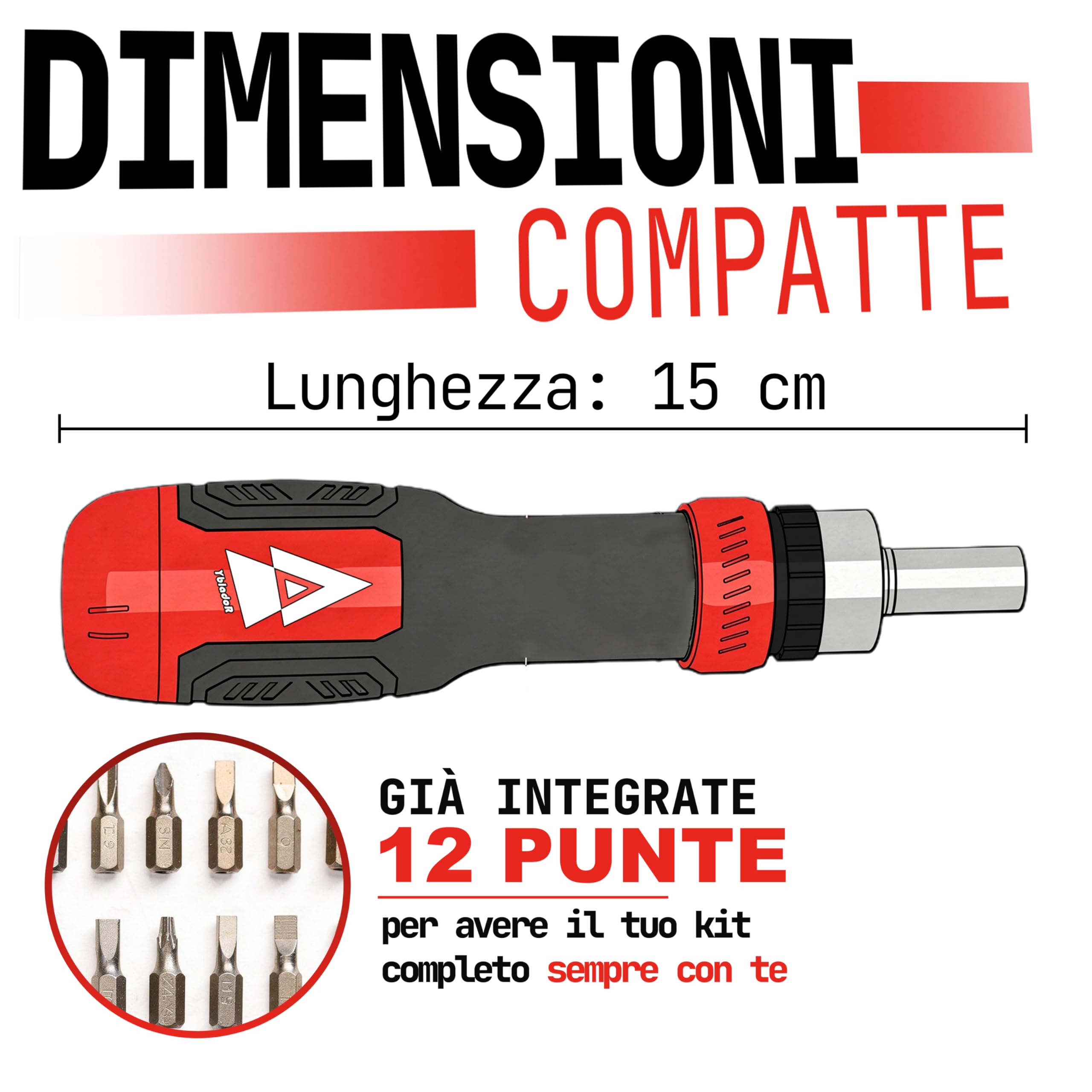 Cacciavite a Cricchetto con 12 Inserti CR-V Integrati 15 cm, Set Cacciaviti di Precisione, Kit Elettricista Compatto per Bricolage adulti