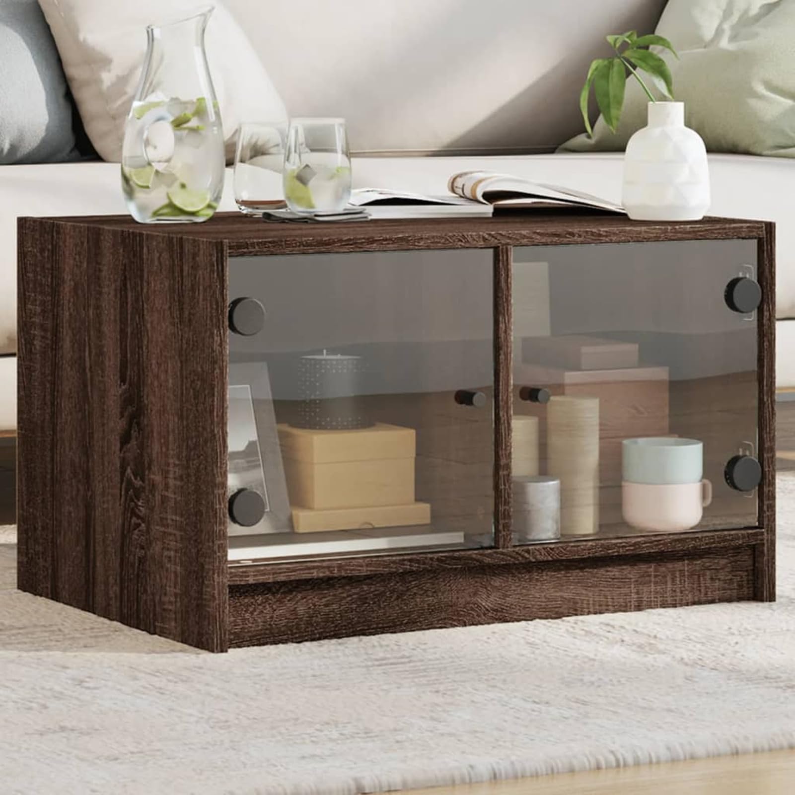 Homgoday Tavolino da caffè con ante in vetro rovere marrone, 68 x 50 x 42 cm, tavolino da tè per soggiorno, sala d'accoglienza degli ospiti, camera da letto e ufficio
