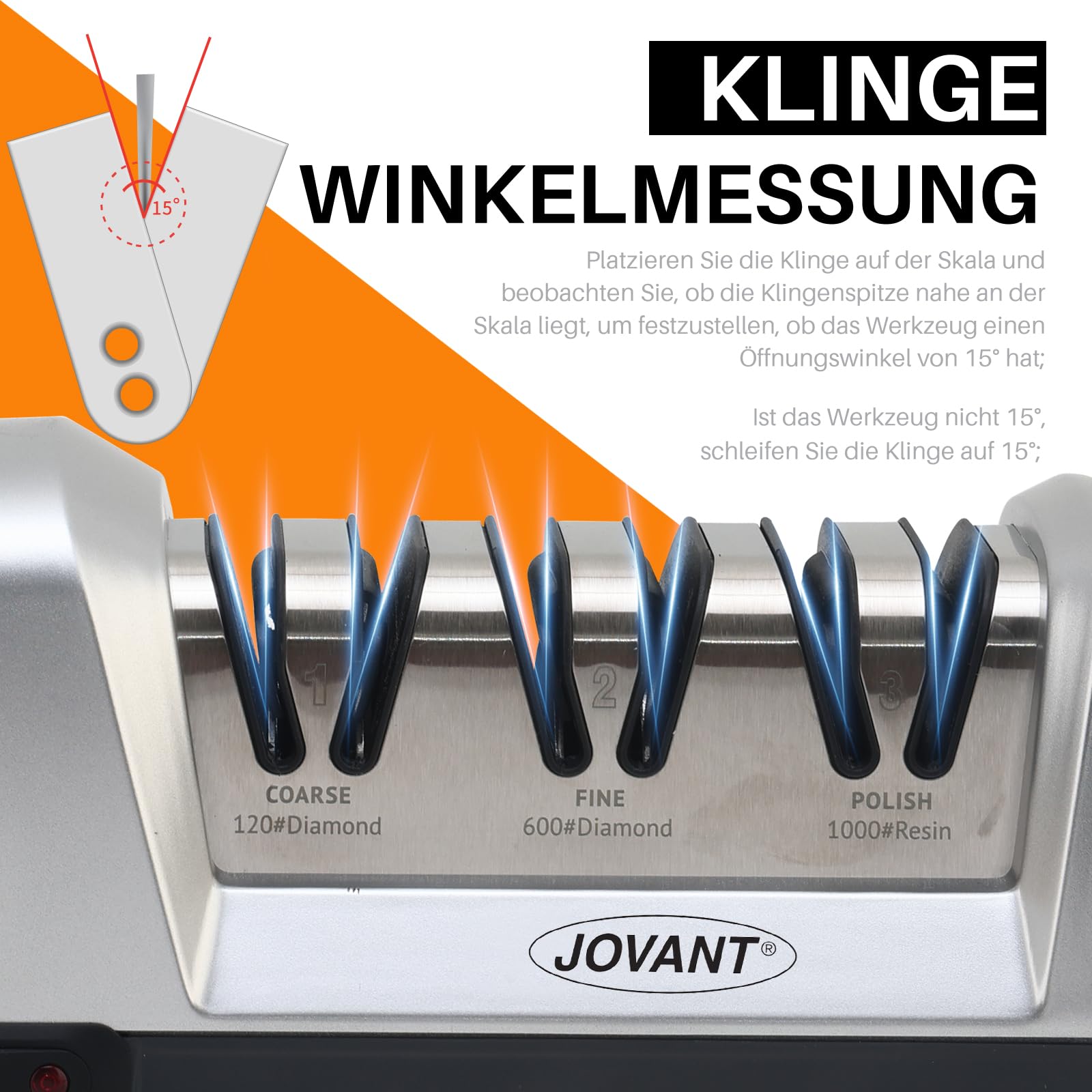 Elektrischer Messerschärfer 3-in-1, 15 Grad, Profi für Grobes, Feines Schleifen und Polieren Küchenmessern
