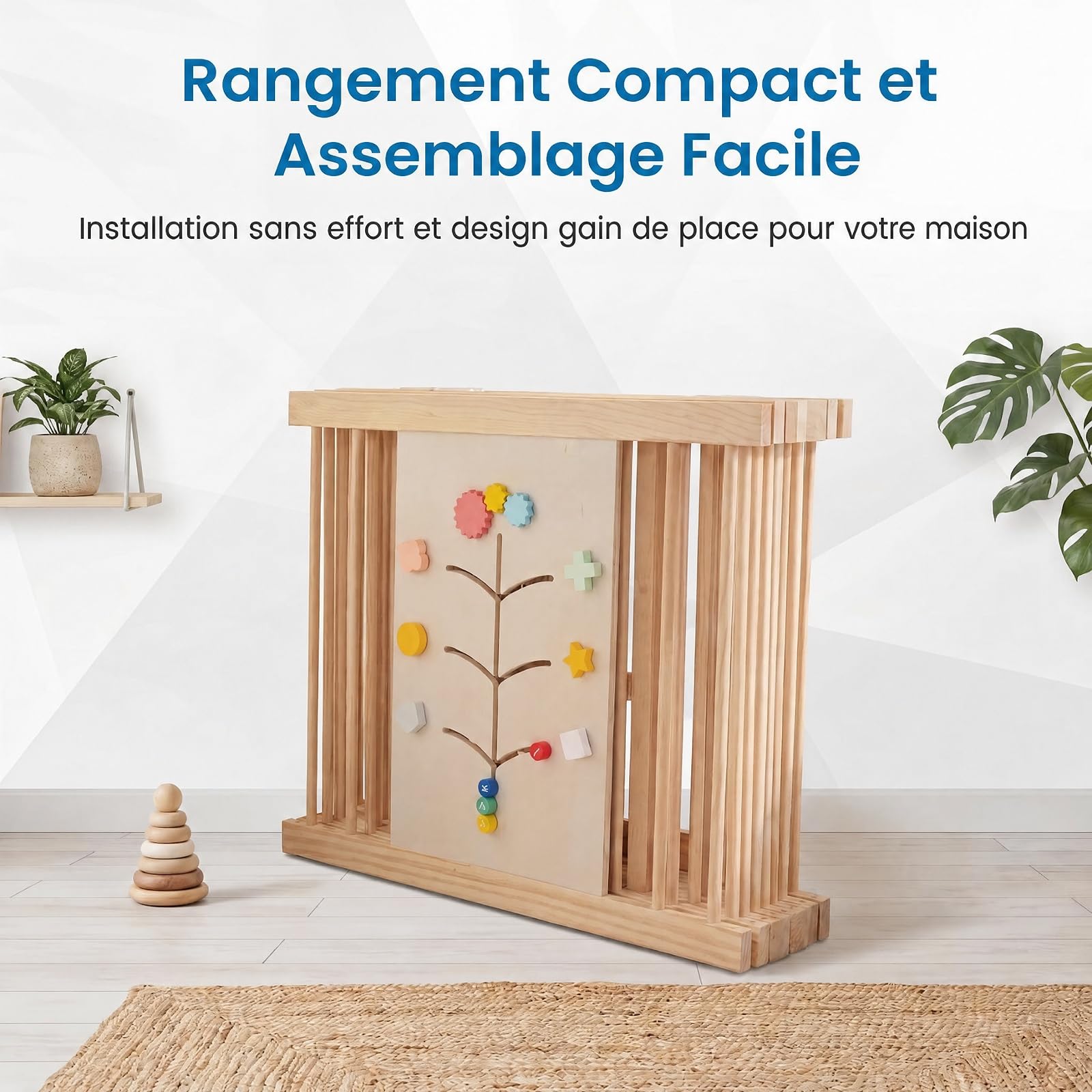 RELAX4LIFE Parc Bébé en Bois Pliable Montessori, Barrière de Sécurité 8 PCS | en Bois Non Peint avec Panneau d'Activités, Portillon de Sécurité, Barreaux Écartés 6cm, Gain de Place, 160x160cm