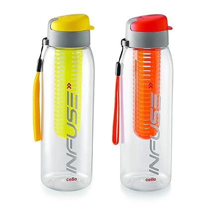 Cello Infuse Plastic Water Bottle Set, 800 ml, Set of 2, Yellow/Orange