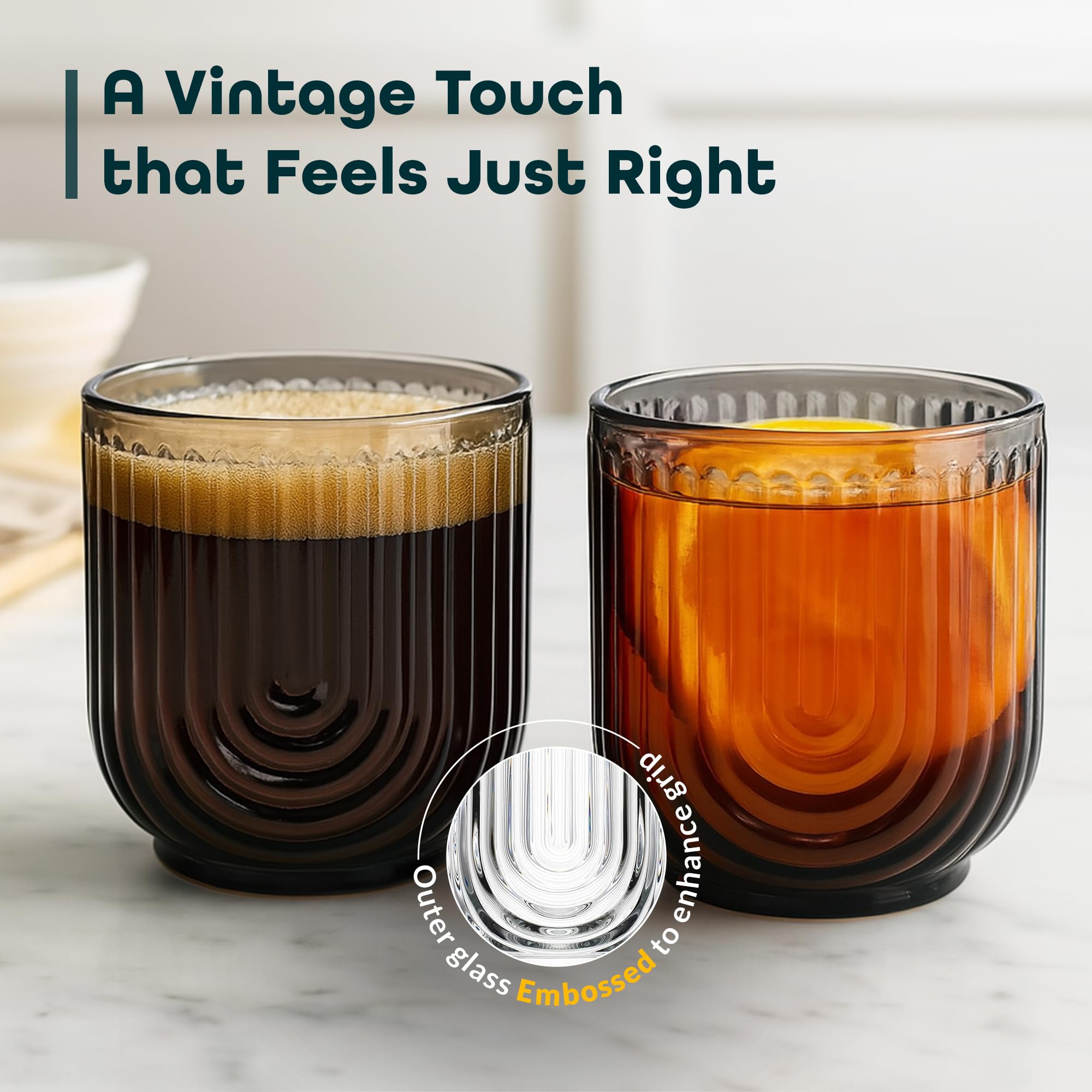 Glaver's Lot de 4 verres à whisky double Old Fashioned Rock noir fumé, 325 ml, design Art déco en forme de U en relief pour la maison, bar, verrerie Art déco élégante pour la cuisine.
