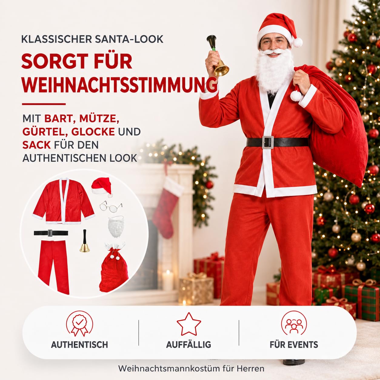 Kostimheld® 6 w 1 kostium Mikołaja - kostium Świętego Mikołaja - na Boże Narodzenie - kostium Mikołaja - Święty Mikołaj - dla mężczyzn/dorosłych (wybór ilości)