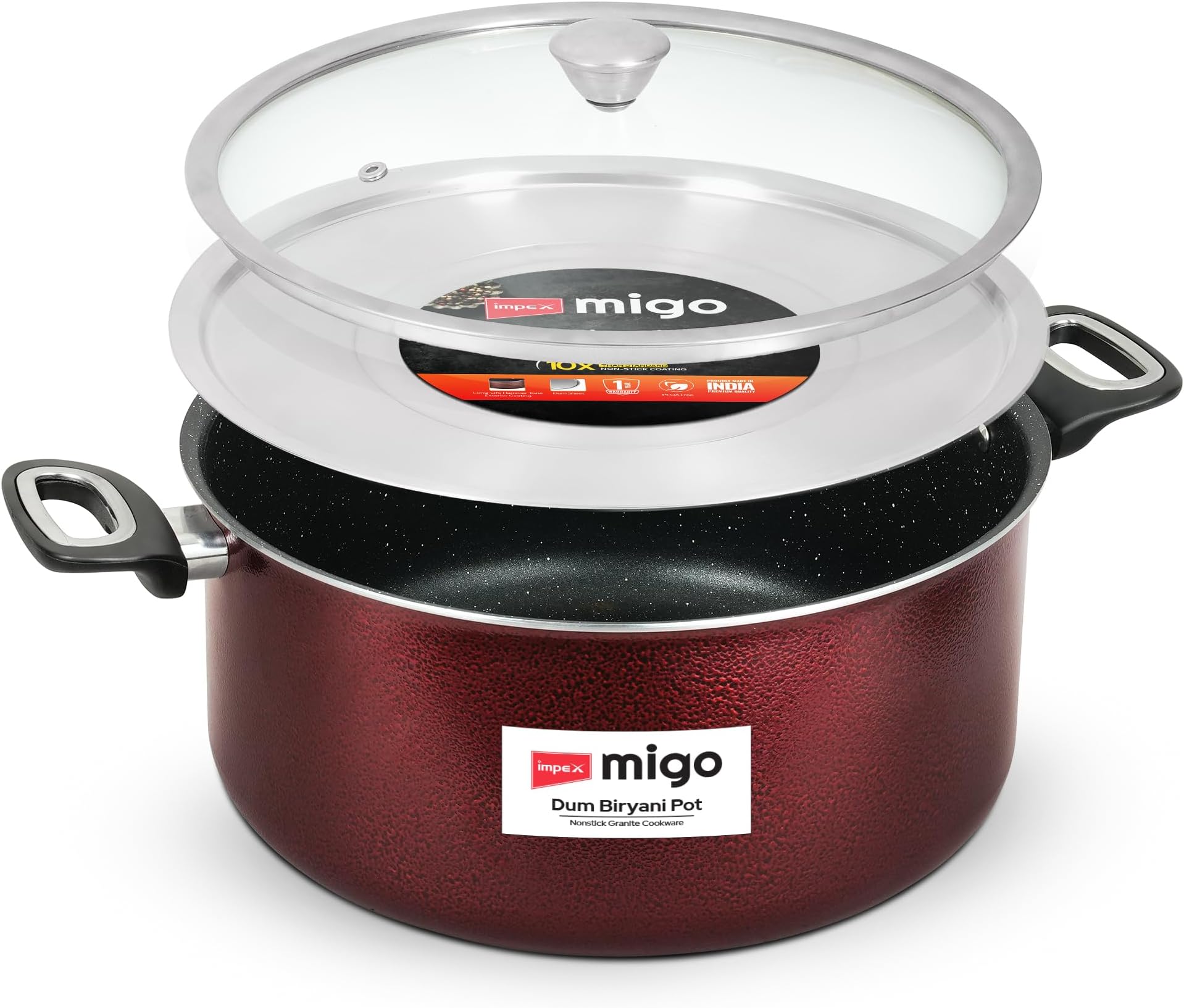 Non Stick Granite Dum Biryani Pot 8 Liter with Extra Dum SS Lid Aluminium Biriyani Pot with 5 Layer Super Granite Coating Gas Stove and Induction Base Chrome Plated Handles 1 Year Warranty