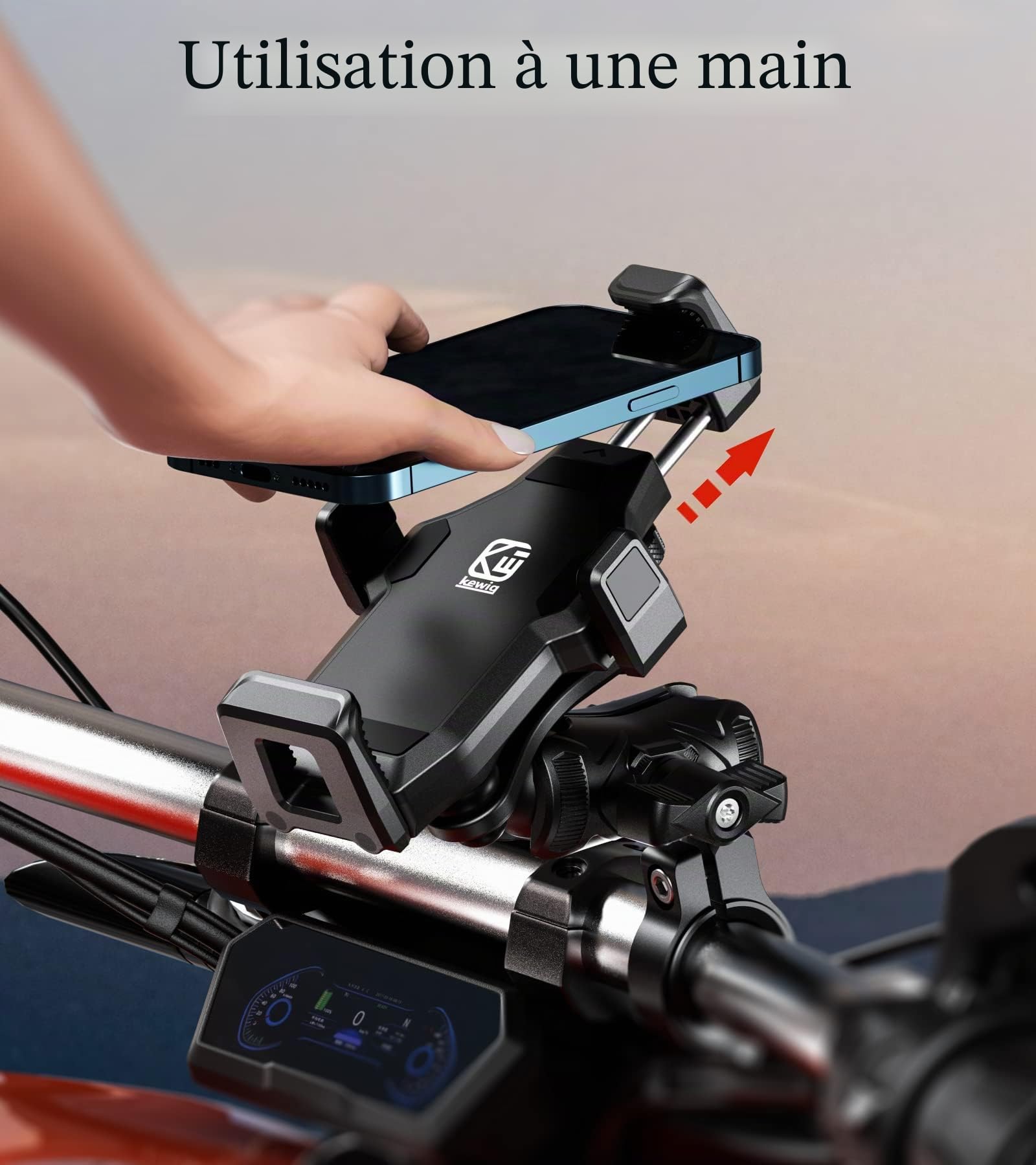 Kewig Support de téléphone pour moto avec amortisseur de vibrations et verrouillage sécurisé à haute vitesse, support antivol pour guidon de moto, vélo, VTT, UTV, scooter pour téléphone de 4.7-7.2"