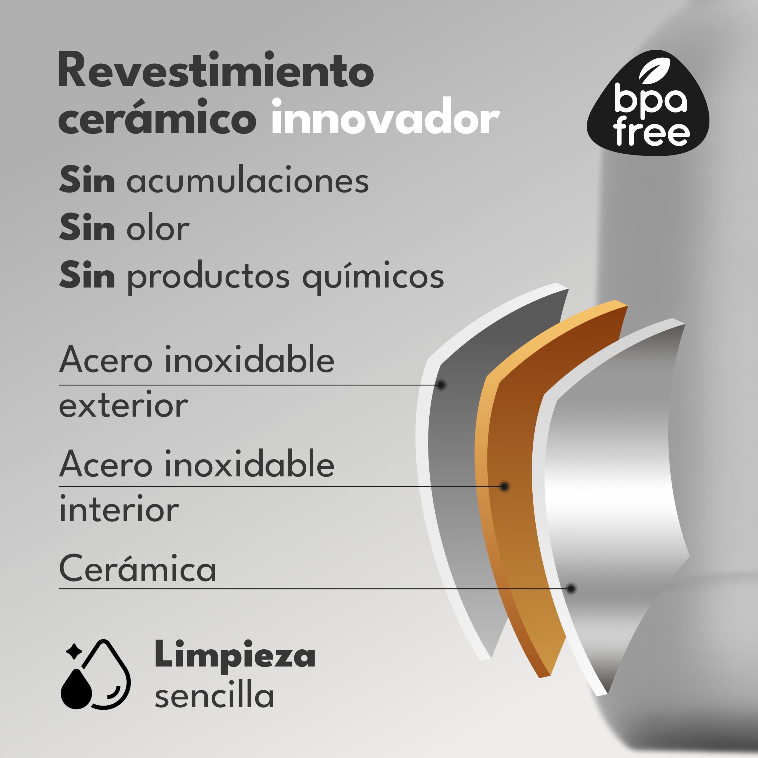 LEBENLANG Termo para cafe 1,5 l Gris - Revestimiento cerámico & sin BPA I Mantiene el calor durante 24 horas & incl. colador de té I Termos agua caliente Thermos café acero